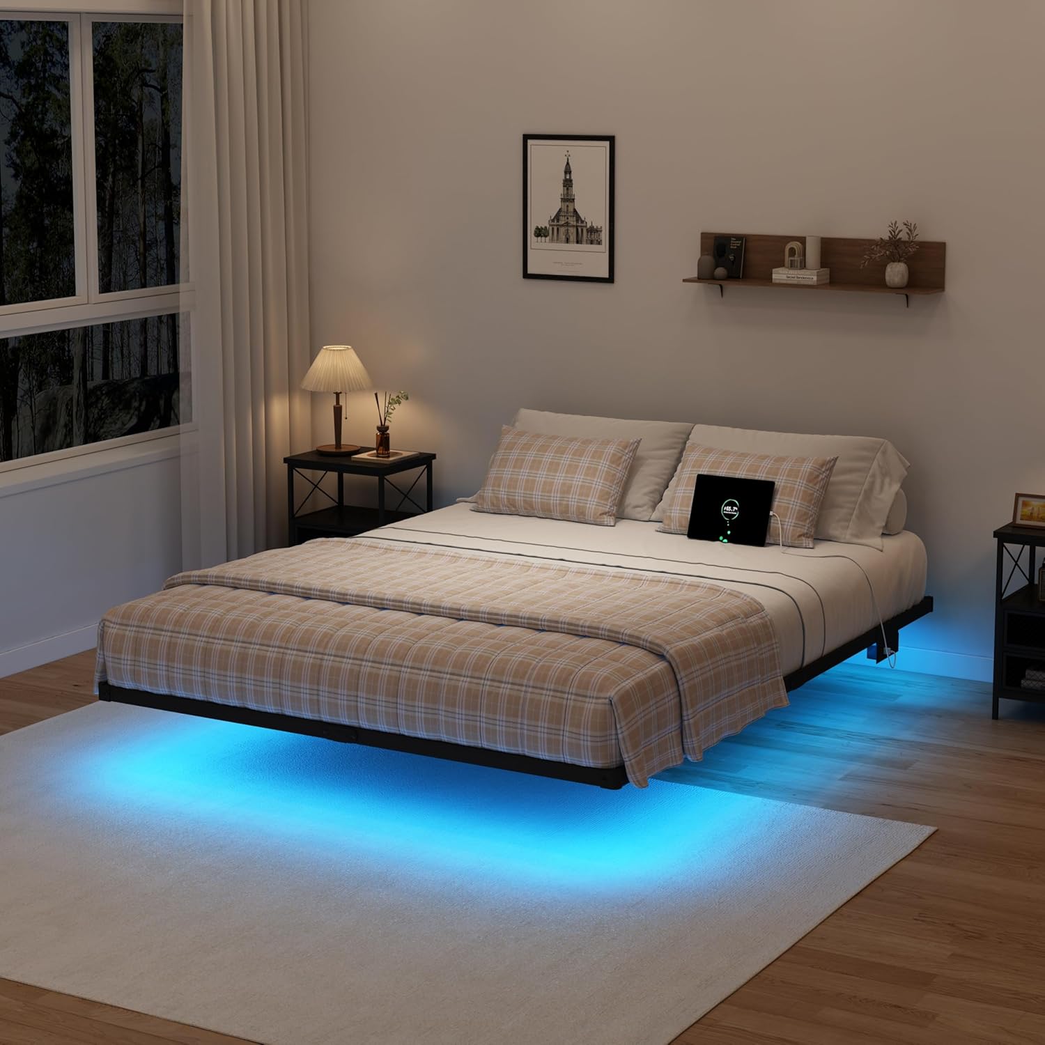 Floating Bed Frame Full with LED Lights, 10" Metal Platform Bed Frame with Heavy Duty Steel Slats, No Box Spring Needed, Noise-Free, Easy to Assemble