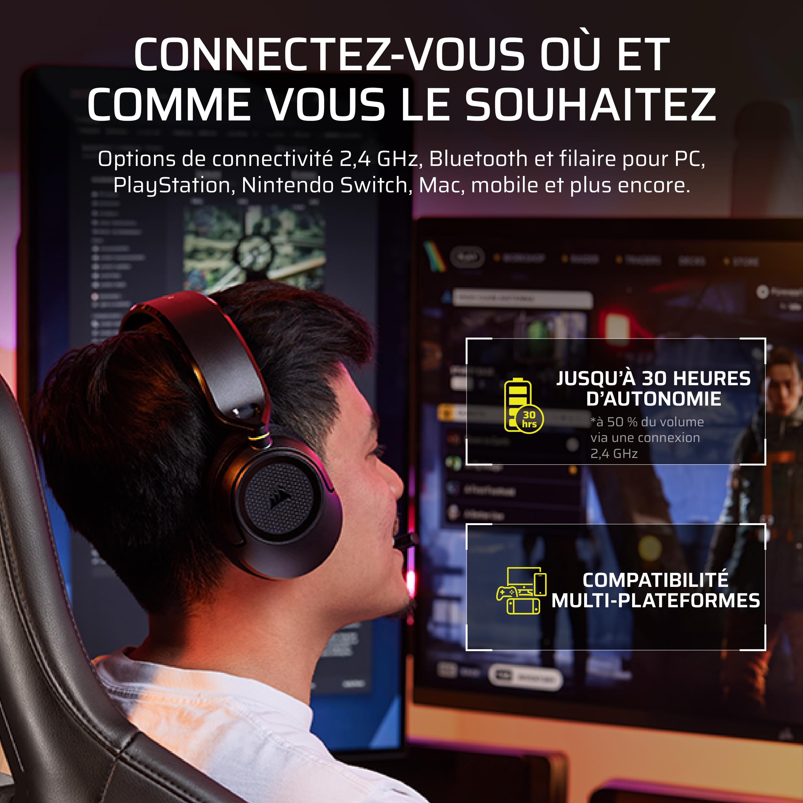 Corsair HS35 v3 Casque de Jeu sans Fil avec Micro – Noir (Carbone) | 2,4 GHz et Bluetooth (PC/PS5/PS4/Switch/Mac/Mobile), Confort tout en Légèreté, Dolby Atmos