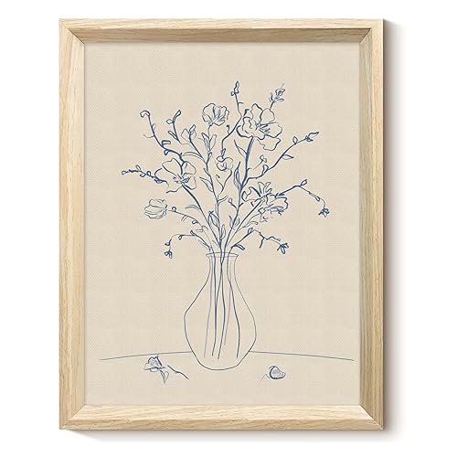 VIYYIEA Blue Floral Botanical Sketch Wooden Framed Wall Art, Minimalist