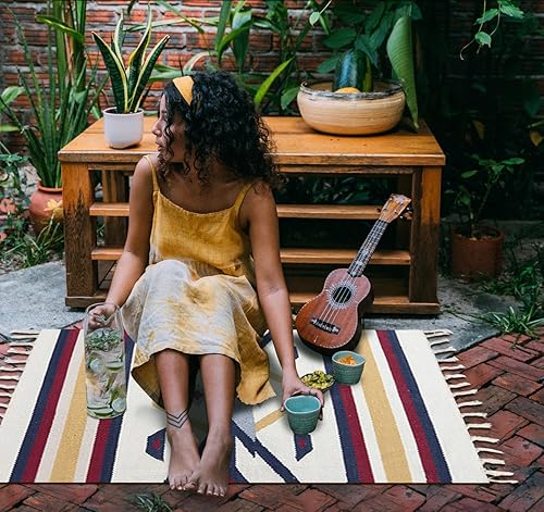 Miniatura 3 de Cifupy Alfombra bohemia de algodón de 2 x 3 pies con borlas, lavable a máquina, antideslizante, suave, ideal para dormitorio, baño, cocina, porche,