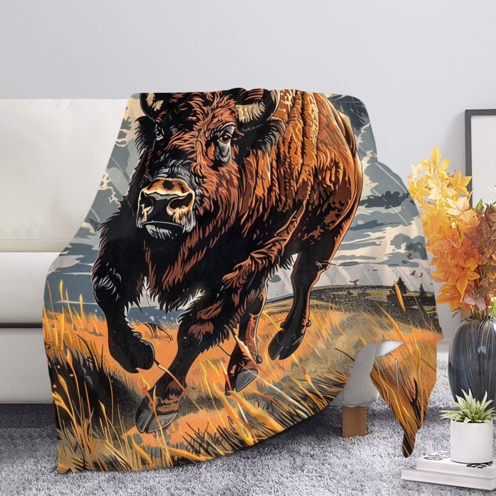 Allcute Running American Bison Print Throw Blanket for Couch Bed Cozy Black Soft Blankets for Women Spring Winter Fall Sofa Blanket Home Decor โ image 1