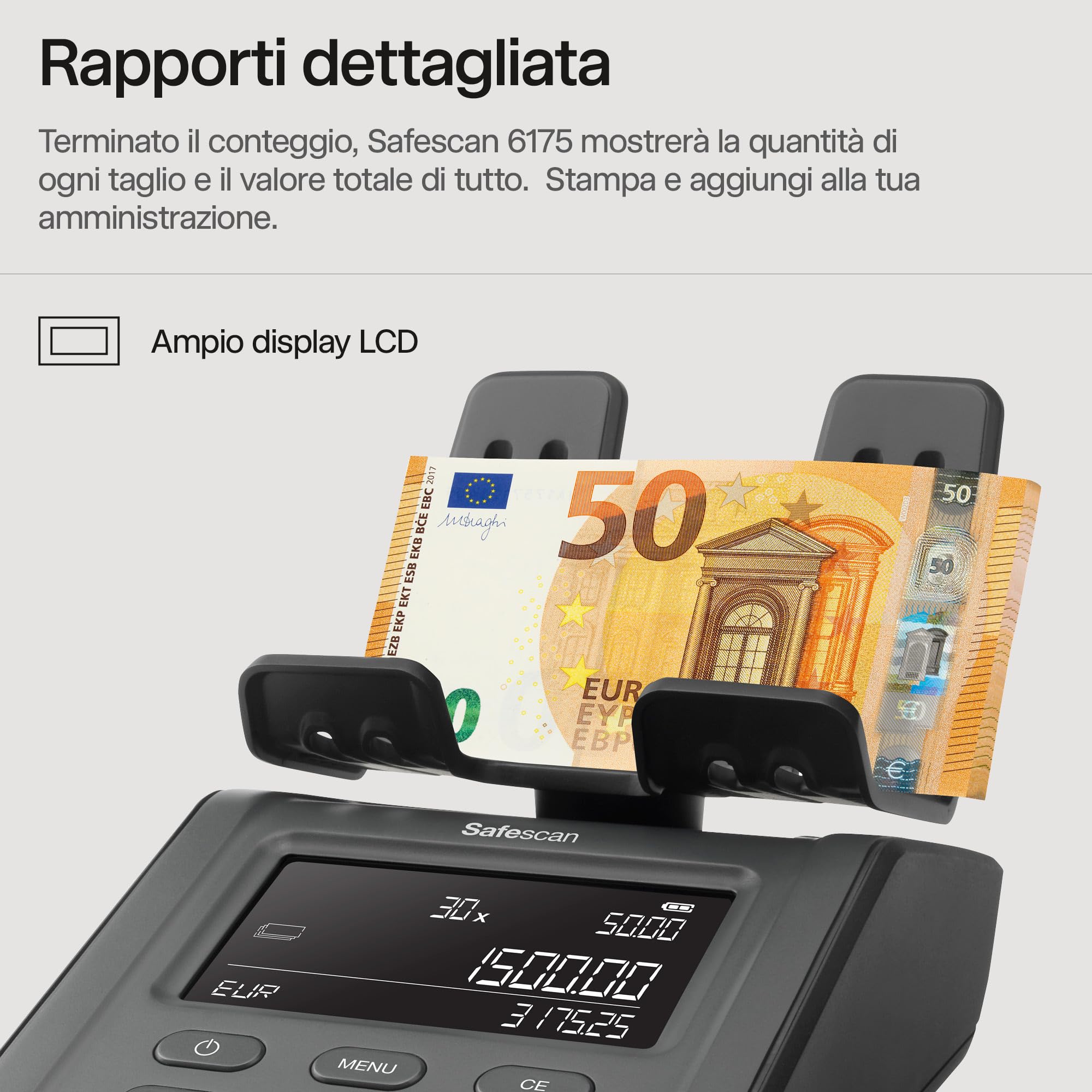 Safescan 6175 Macchina contasoldi che conta monete, banconote, buoni e gettoni, Contamonete con riconoscimento automatico del rotolo di monete, Bilancia che memorizza i risultati di ogni conteggio