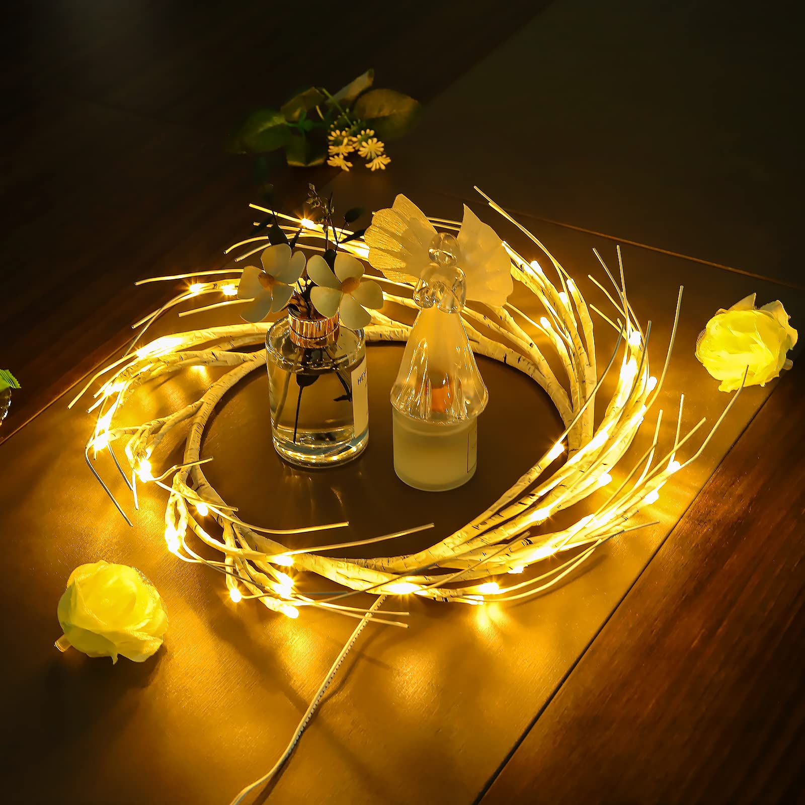 Photo 1 of SZMiNiLED Lighted Birch Garland with Timer 60 LED Fairy Lights, Spring Summer Wreath with Light for Mantle Decor, lit Tree Branches Garland for Indoor Outdoor Wall Front Door Window Room Decor 60 LEDS Circular