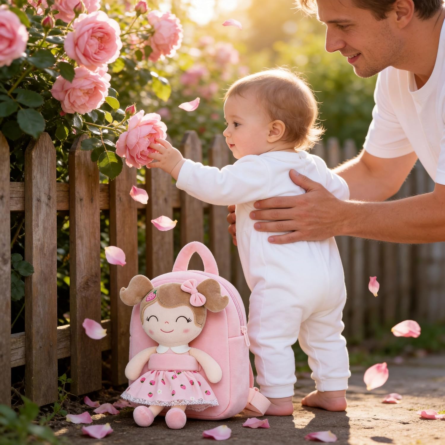 Gloveleya Kids Backpack for Girls backpacks Plush bag with Soft doll for Toddler baby Strawberry 9 Inches - Image 5