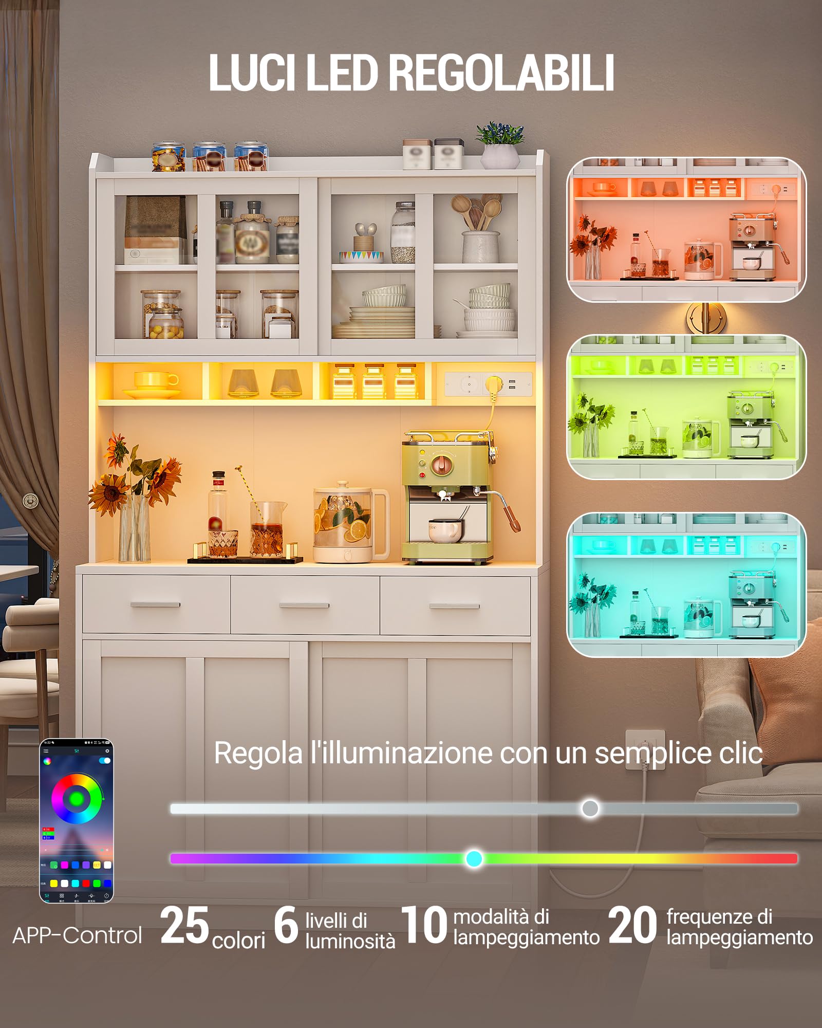 Hzuaneri Credenza Cucina, Mobile Buffet con Illuminazione a Led E Presa Multipla, Piano di Lavoro, 3 Cassetti, Ripiani Regolabili, per Cucina o Sala da Pranzo, 40 x 100 x 185 cm, Bianco 0110203XEU