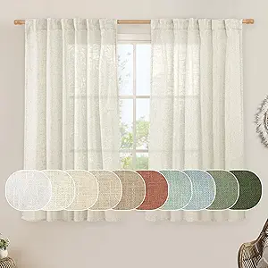 LAMIT Short Linen Curtains 45 Inches Long for Cafe 2 Panels, Cream Ivory Light Filtering Semi Sheer Panels Back Tab and Rod Pocket Neutral Drapes for Window/Loft Room, 52 x 45 Inch