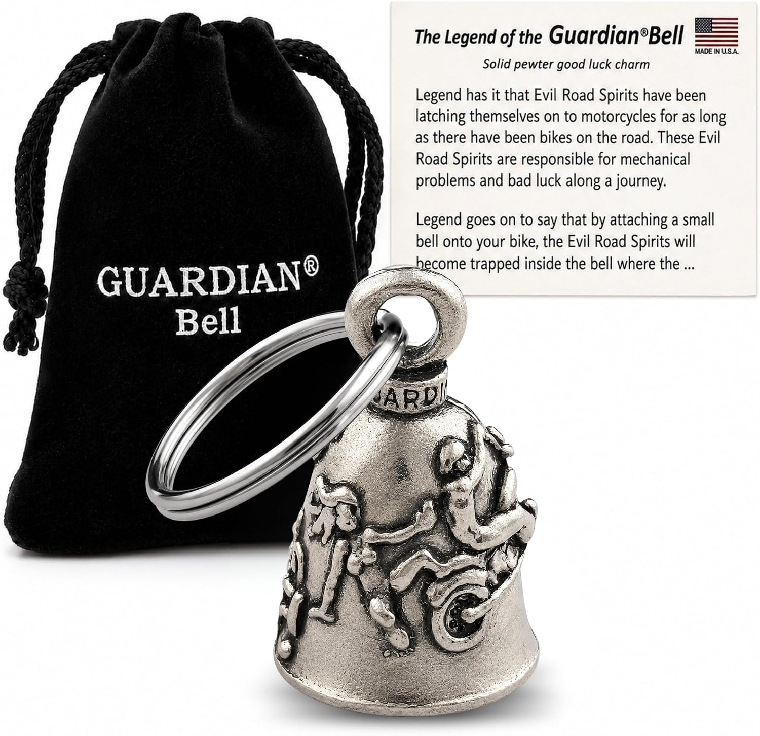 Guardian Bell Good Luck Bell w/Keyring & Black Velvet Gift Bag | Motorcycle Bell | Lead-Free Pewter | Made in USA