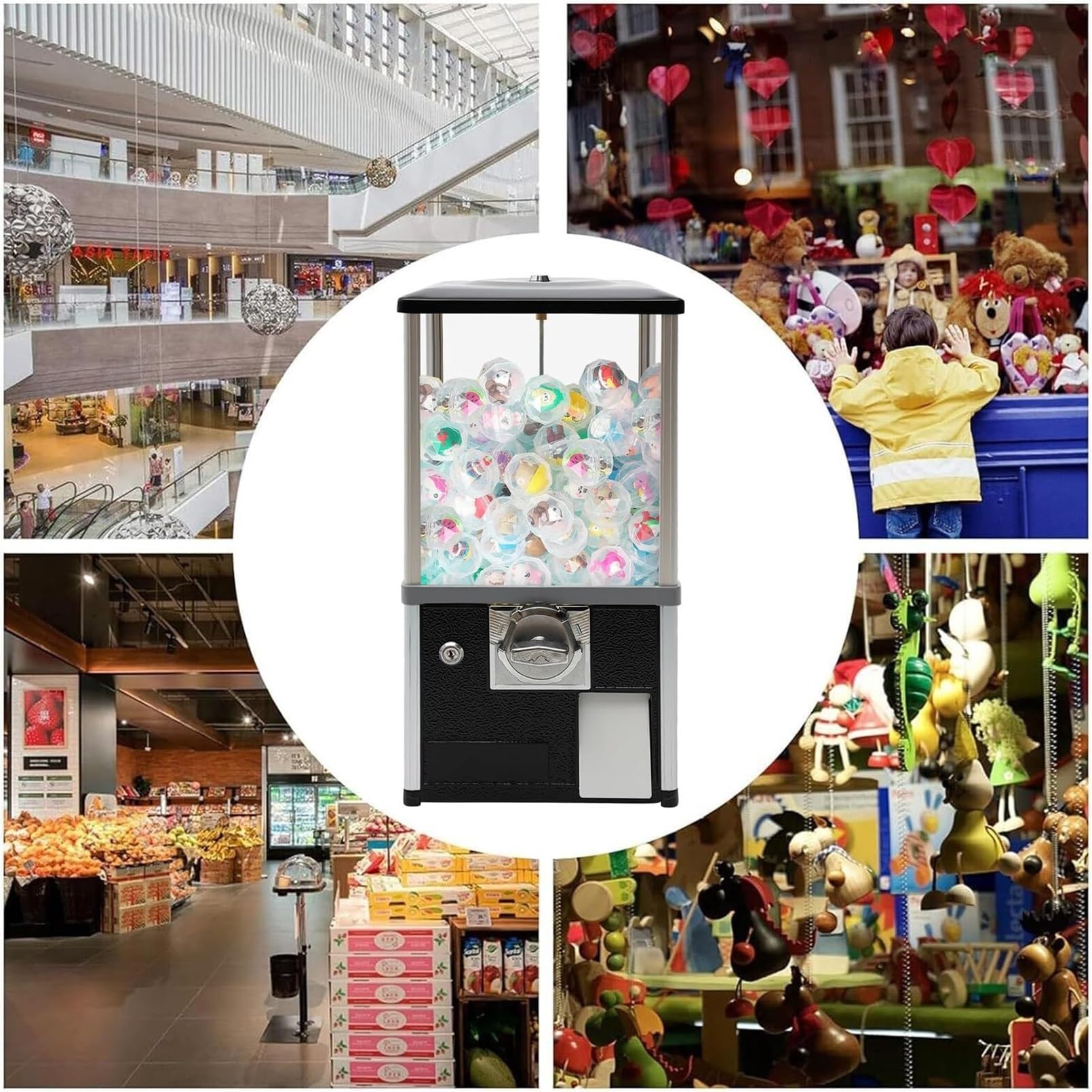 Verkaufsautomat mit Münzeinwurf,Großer Bonbon und Kaugummiautomat,Münzbetriebener Süßigkeitenautomat,Automatischer Kapsel Automat für Einzelhandelsgeschäfte,für Kapselspielzeug mit 4,5-5,5cm(Black,1 E