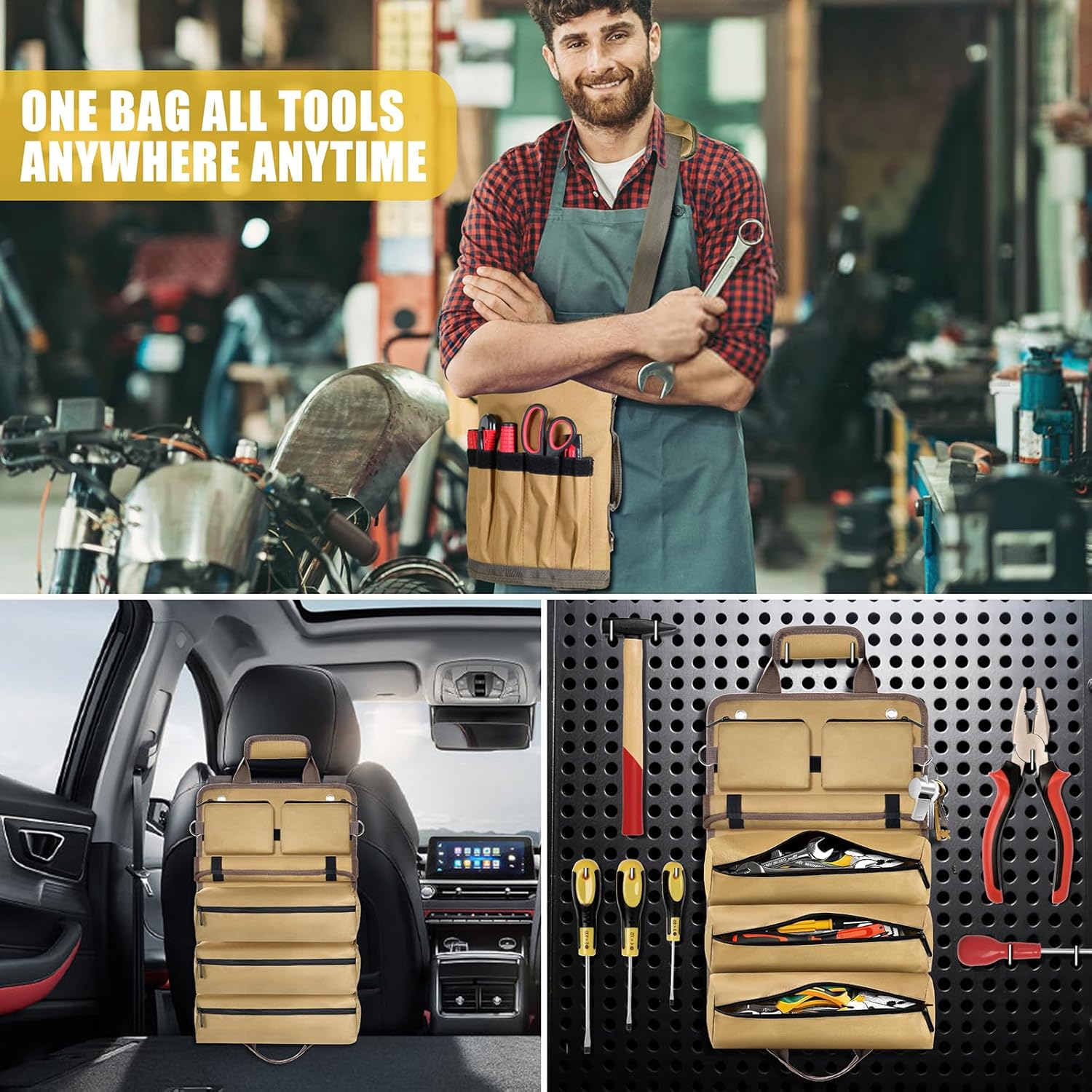 Roll Up Tool Bag-Gifts For Men Dad Husbands Him, Father's Day Birthday Gifts For Men, Heavy Duty Tool Organizer Bag With 2 Detachable Pouches &Wrench Roll Mechanic Carpenter (Khaki)