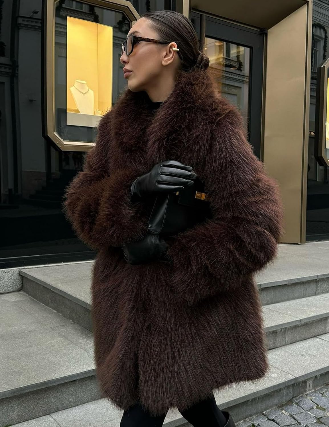 Flygo Womens Long Faux Fur Coats Fluffy Faux Fur Jacket Long Sleeve Lapel Furry Coats Fuzzy Winter Jacket - Image 5