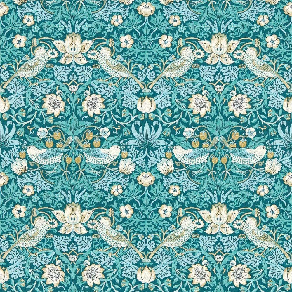Yöl Teal Strawberry Thief Wallpaper - Blue, Navy - Floral Birds Flowers - Classic Paste The Wall Non-Woven