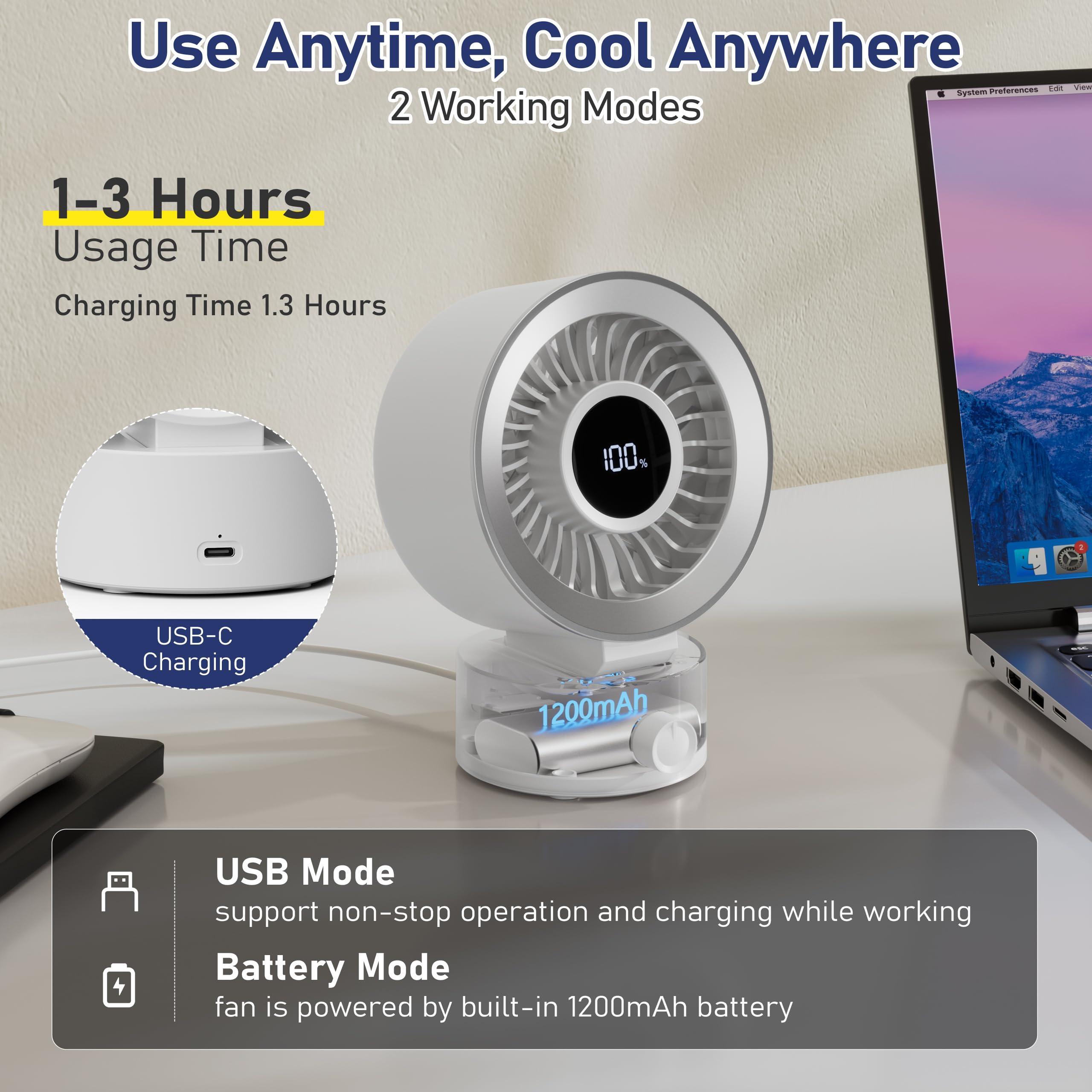 Ventilador de escritorio pequeño silencioso: ventilador de mesa recargable con batería de 1200 mAh y alimentado por USB, portátil para oficina, dormitorio, escritorio en casa, pantalla 5