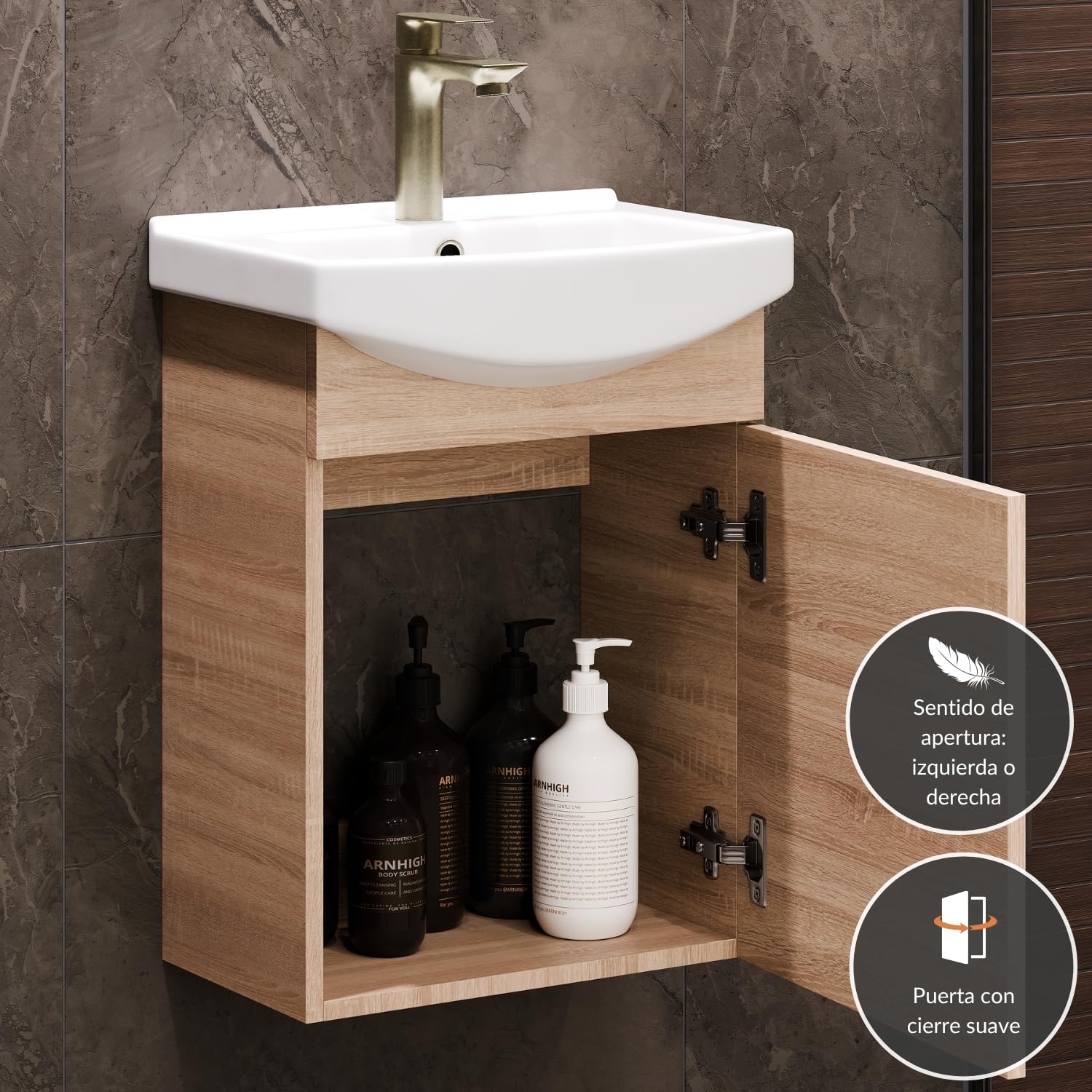 Planetmöbel Conjunto de Muebles de baño Lavabo con Mueble 45 x 60 x 33 cm para Aseo de Invitados, Roble Sonoma