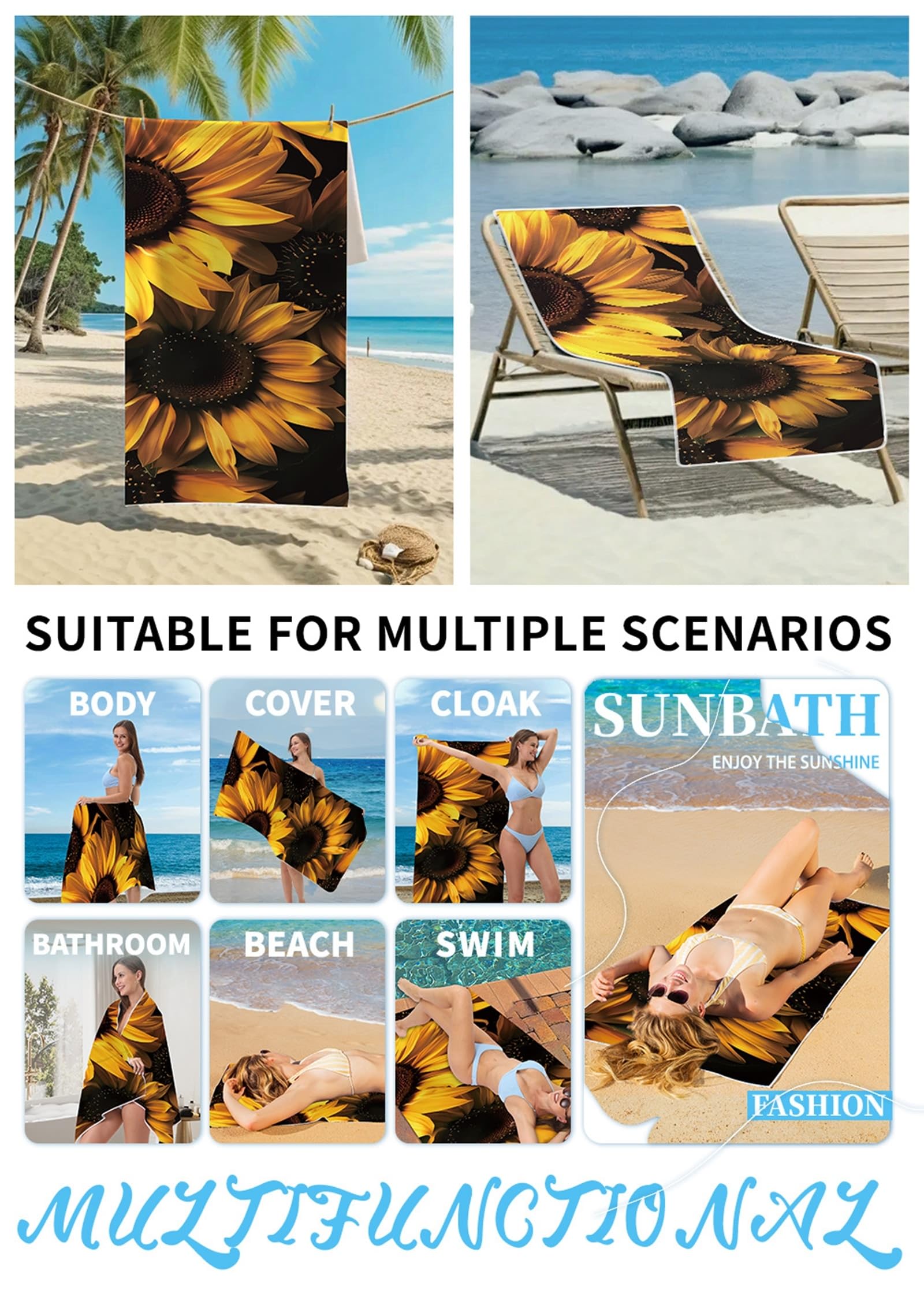 AMDXD Toallas de playa, color amarillo y negro, diseño de flores de sol, microfibra, base de playa, toalla de ducha para playa/piscina/sillas de playa, 80 x 160 cm