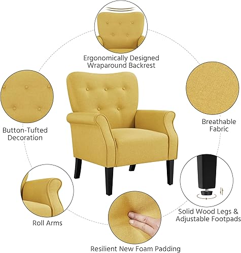 Miniatura 5 de Yaheetech Sillón moderno, sillón decorativo de mediados de siglo con patas de madera resistentes y respaldo alto, sofá tapizado de tela para sala de