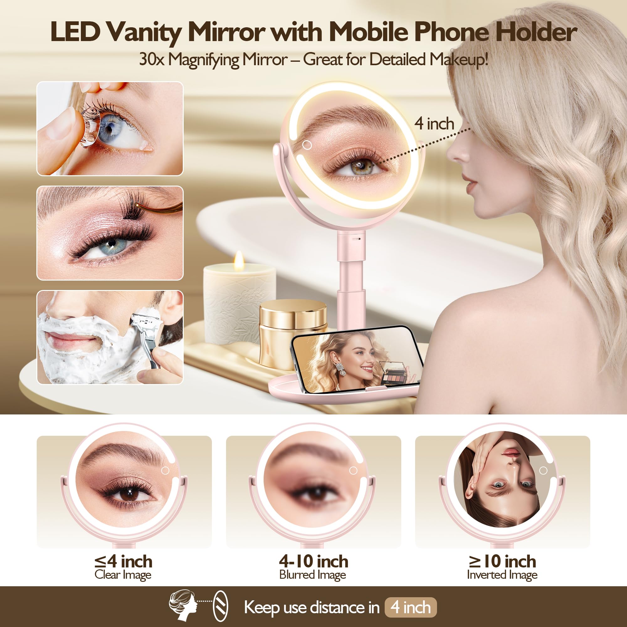 MOMOKUBA Specchio per il trucco con luci, specchio ingranditore a doppia faccia 1x/20x con luce, luci ricaricabili a 3 colori e luminosità regolabile, rotazione a 360° rimovibile (rosa)