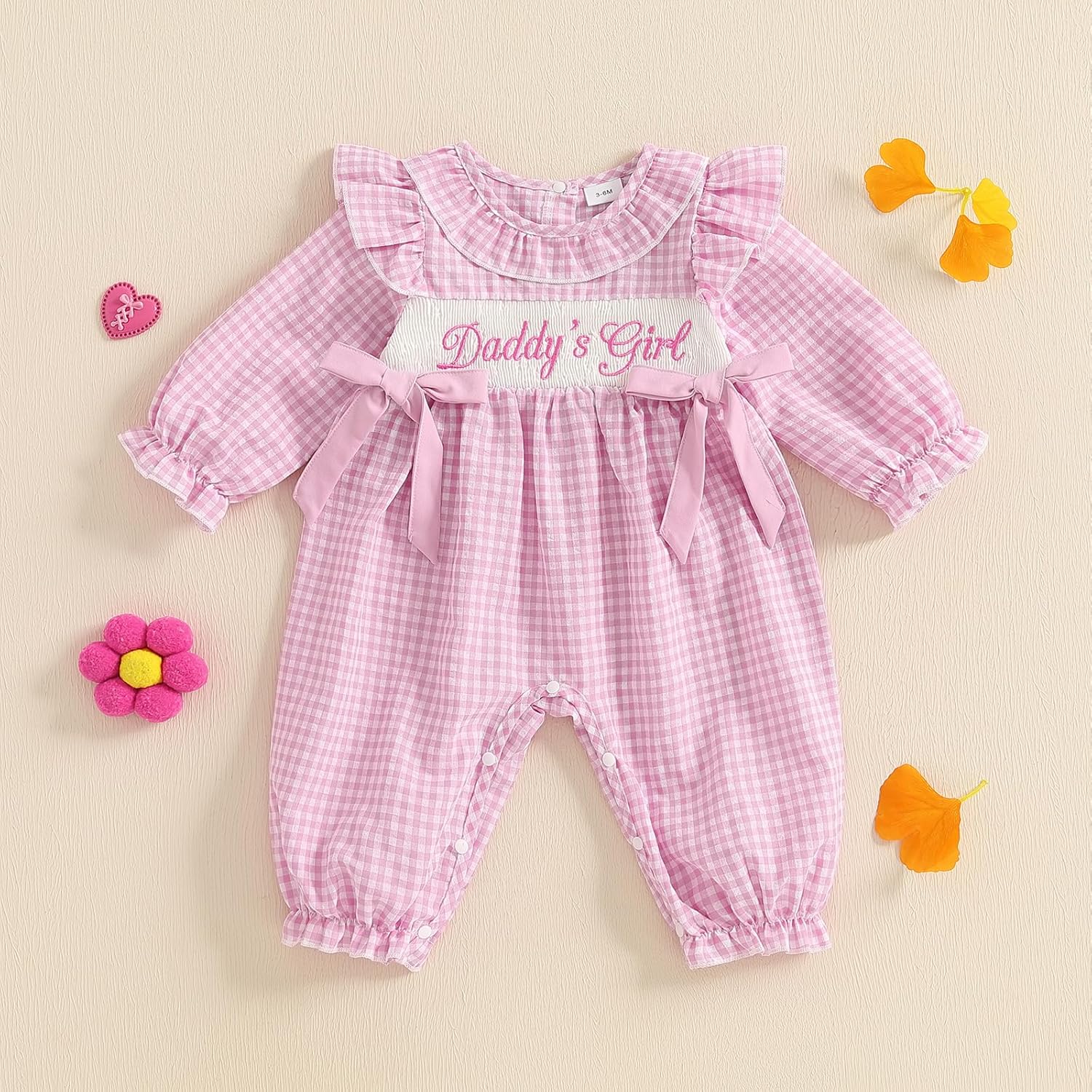 GOOCHEER Newborn Baby Girl Fall Outfit Little Sis I M New Here Smocked Romper Plaid Bow Ruffle Long Sleeve Jumpsuit Clothes - Image 3