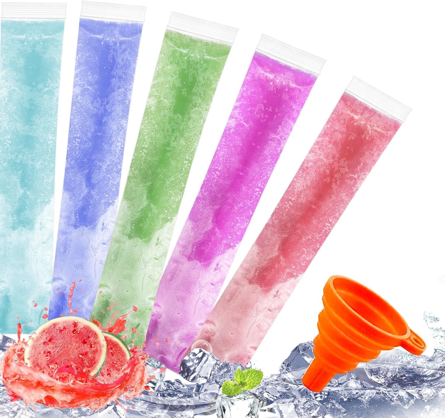 FEBSNOW 100 Ice Lolly Bags Disposable Ice Popsicle Mold Bags, Freezer Tubes Ice Cream Mold Easy to Fill for Snacks Yogurt Juice Fruit Ice Candy Pops Comes with Funnel (1.8 x 8.7 Inch)