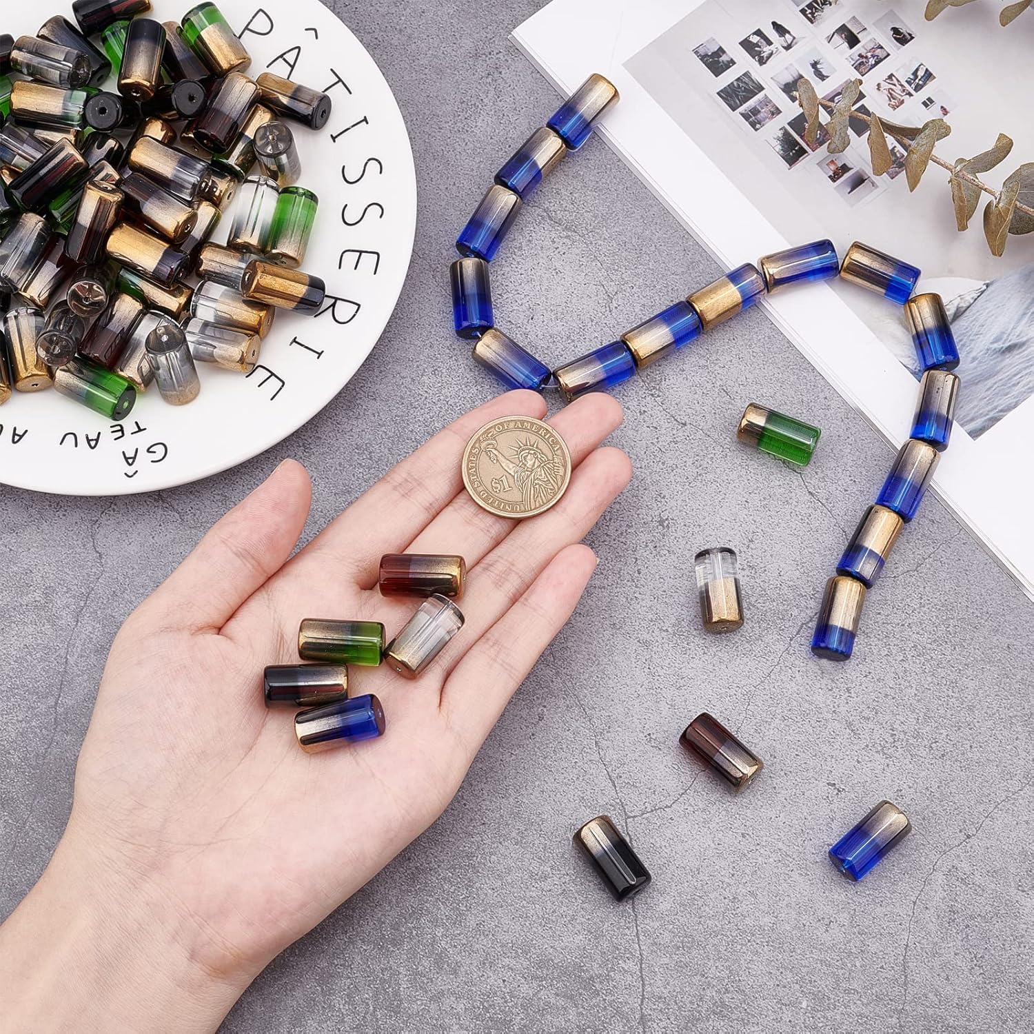 NBEADS 5 Strands Column Half Electroplate Glass Beads, 5 Colors Half Electroplate Opaque Glass Beads Column Beads Strand for DIY Bracelet Necklace Jewelry Making