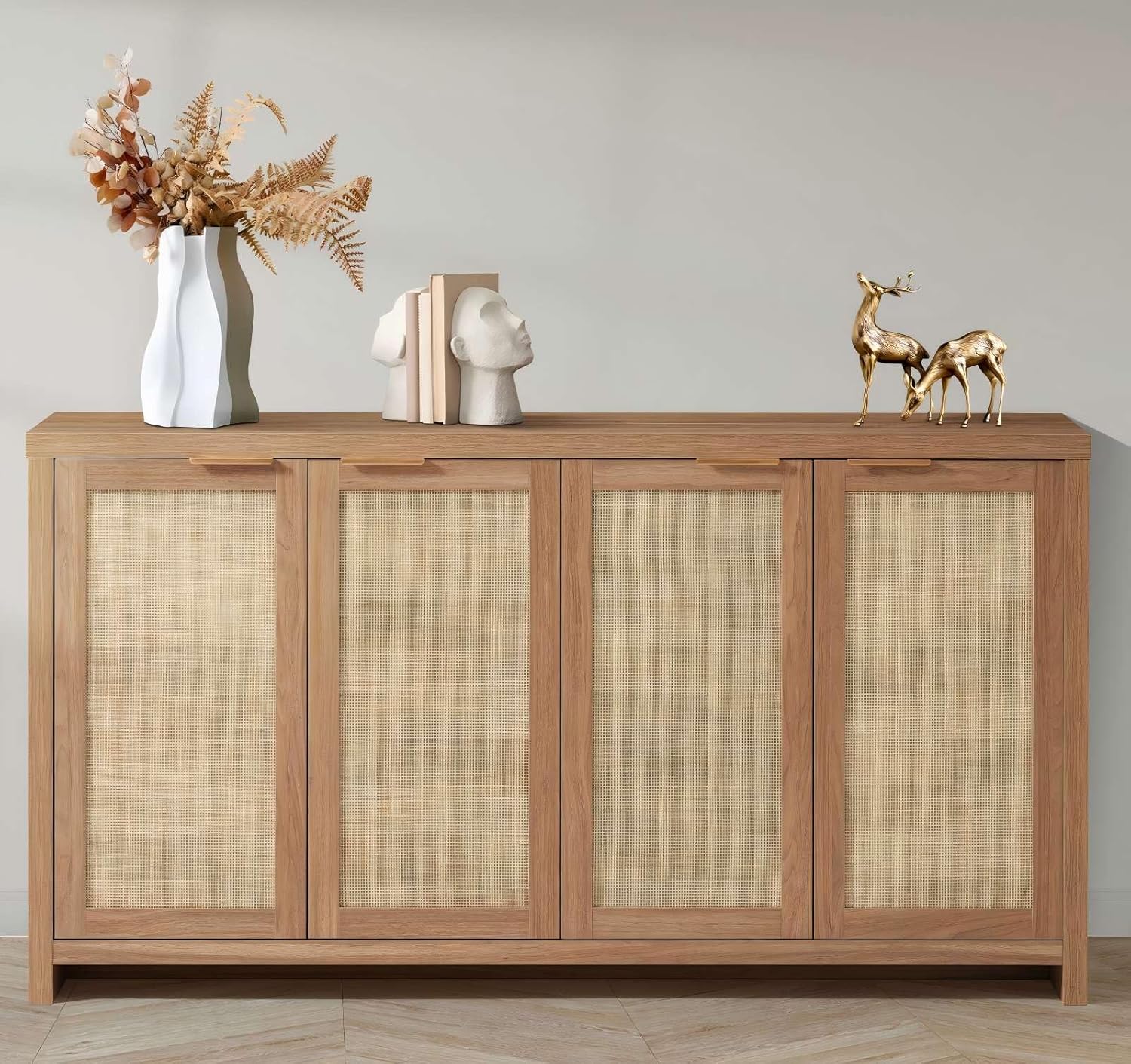 OAKHAM HOME 4 Door Rattan Sideboard Buffet Cabinet with Adjustable Shelves 61" Boho Farmhouse Storage Credenza for Living Room Kitchen & Entryway, Natural Wood Finish