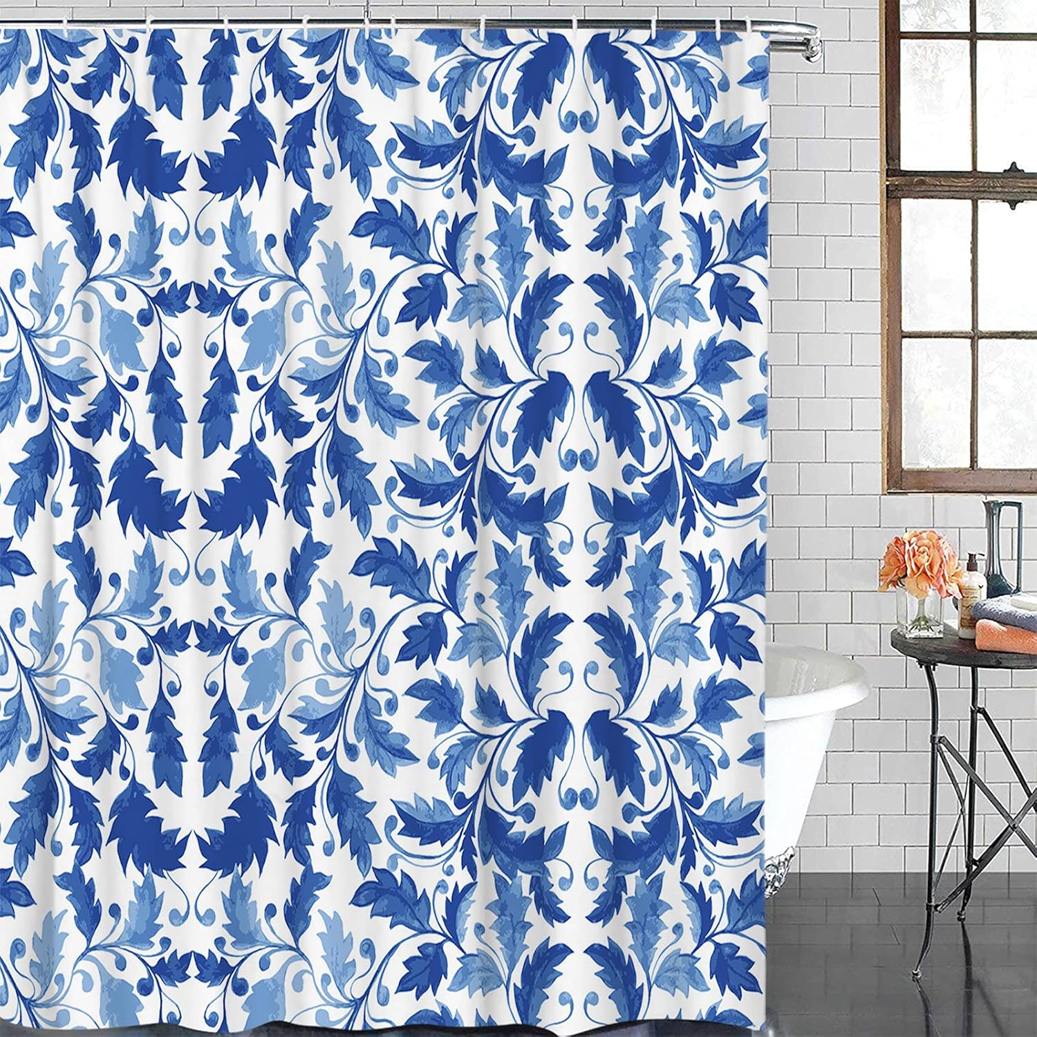 Shower Curtain 78 inches Long Navy Blue Floral Pattern