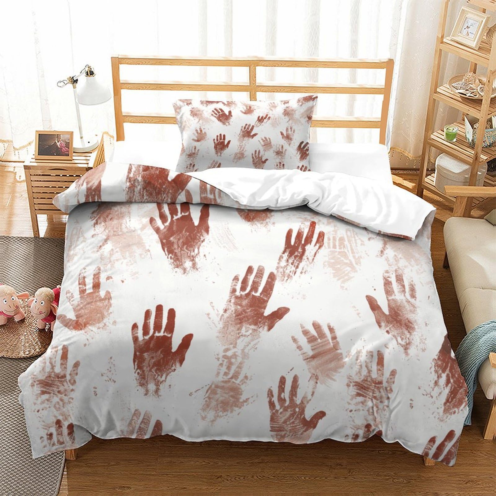 P1S9U7W5Y 3D Printed Bloody Hand Print Duvet Cover Set 3pcs Microfiber Horror Hand Bedding Set Single（135x200cm）