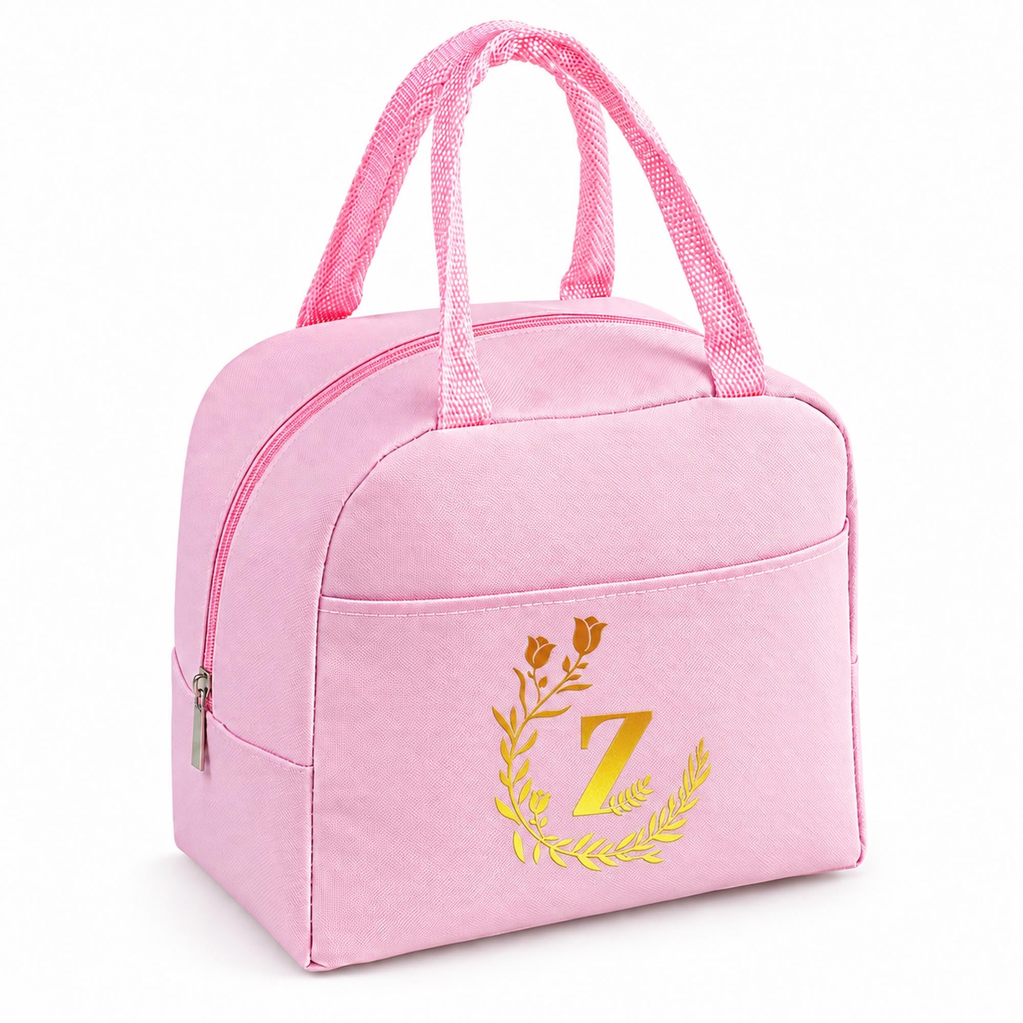 Personalized Pink Initial Letters Insulated Lunch Bag for Women Men Kids -Z