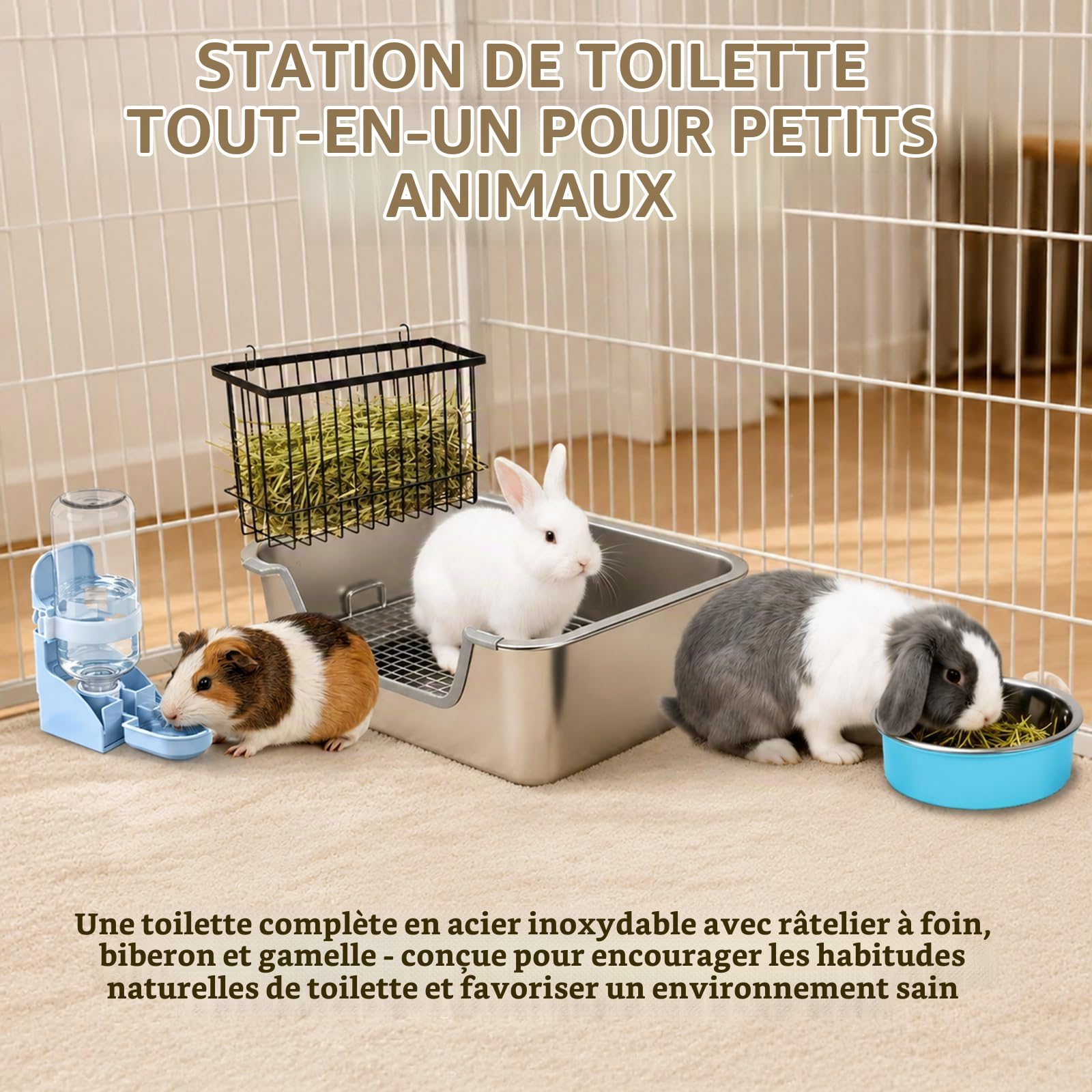 HYLYUN 4-en-1 Bac à Litière Lapin INOX avec Râtelier à Foin, 40x30 cm | Litière petits animaux à entrée basse, anti-odeur, facile à nettoyer, anti-morsure, accessoire cage lapins & cobayes