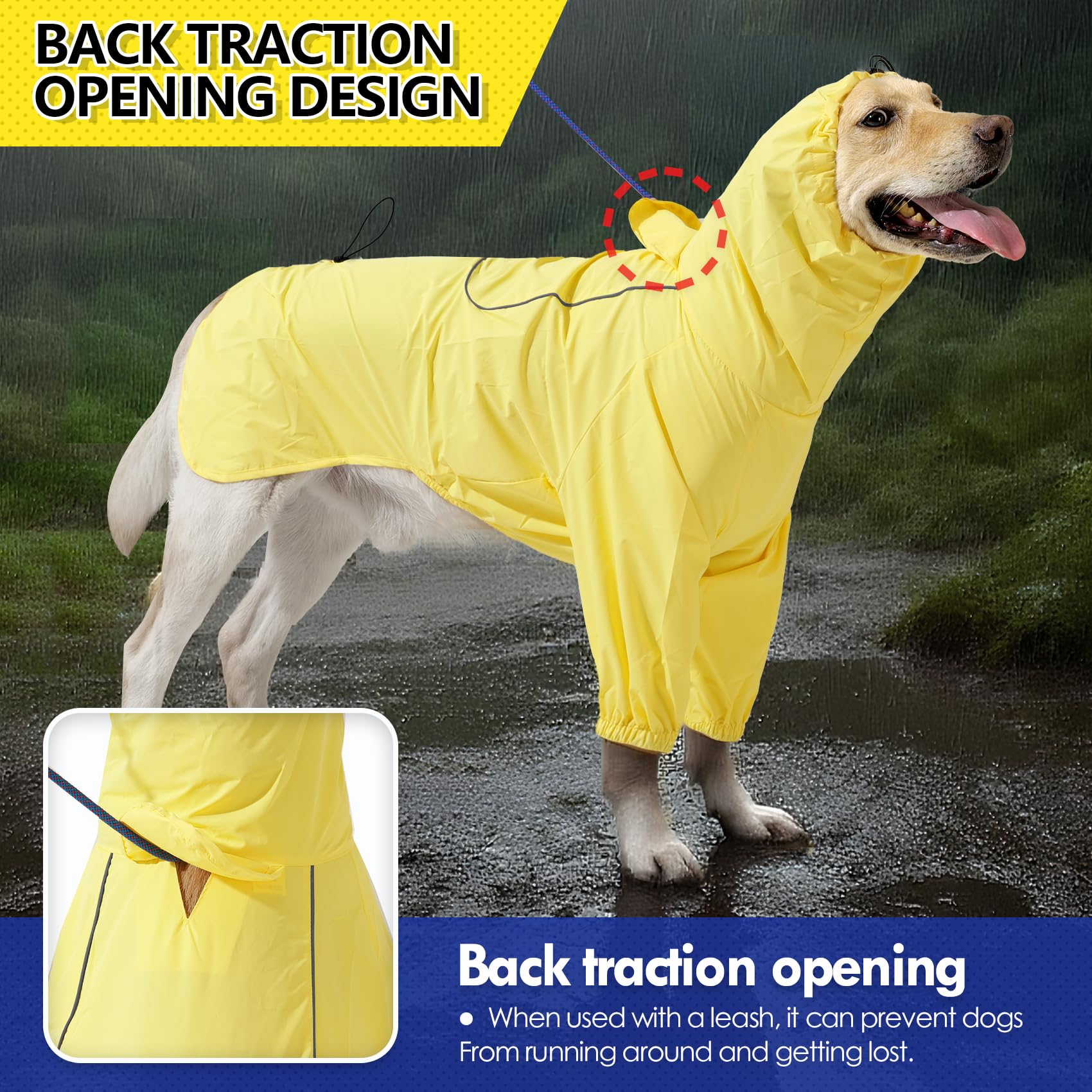 Hunde-Regenmantel mit Kapuze, wasserdicht, winddicht, verstellbar, mit Loch für die Leine und reflektierenden Trägern, leichte Welpen-Regenjacke für kleine bis große Hunde, Gelb, Größe XL