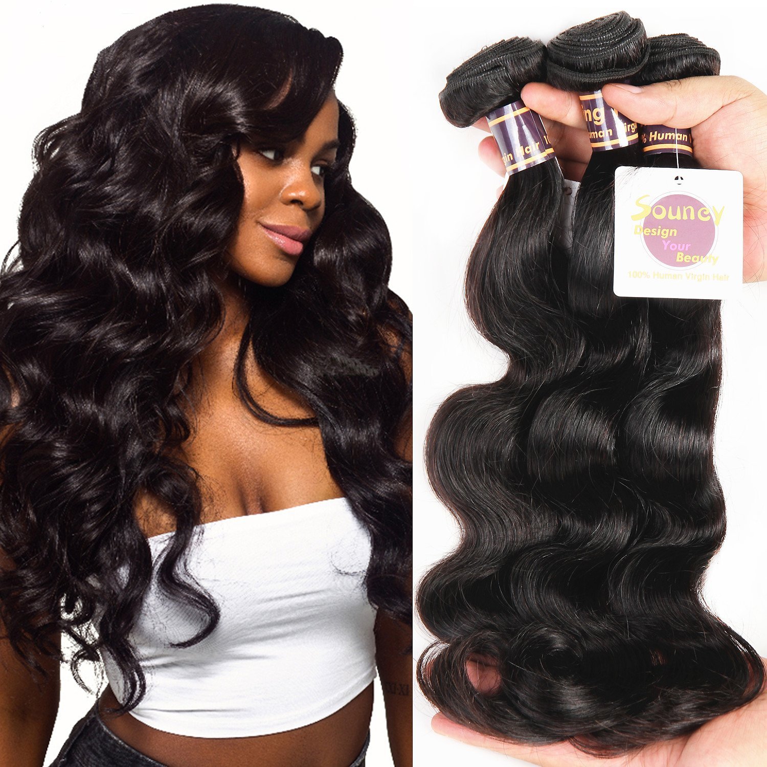 Grade 7a Unprocessed Brazilian Body Wave Hair 3 Bundles, 100% Human Hair Weave Extensions, Can Be Dyed and Bleached (8 10 12inches)