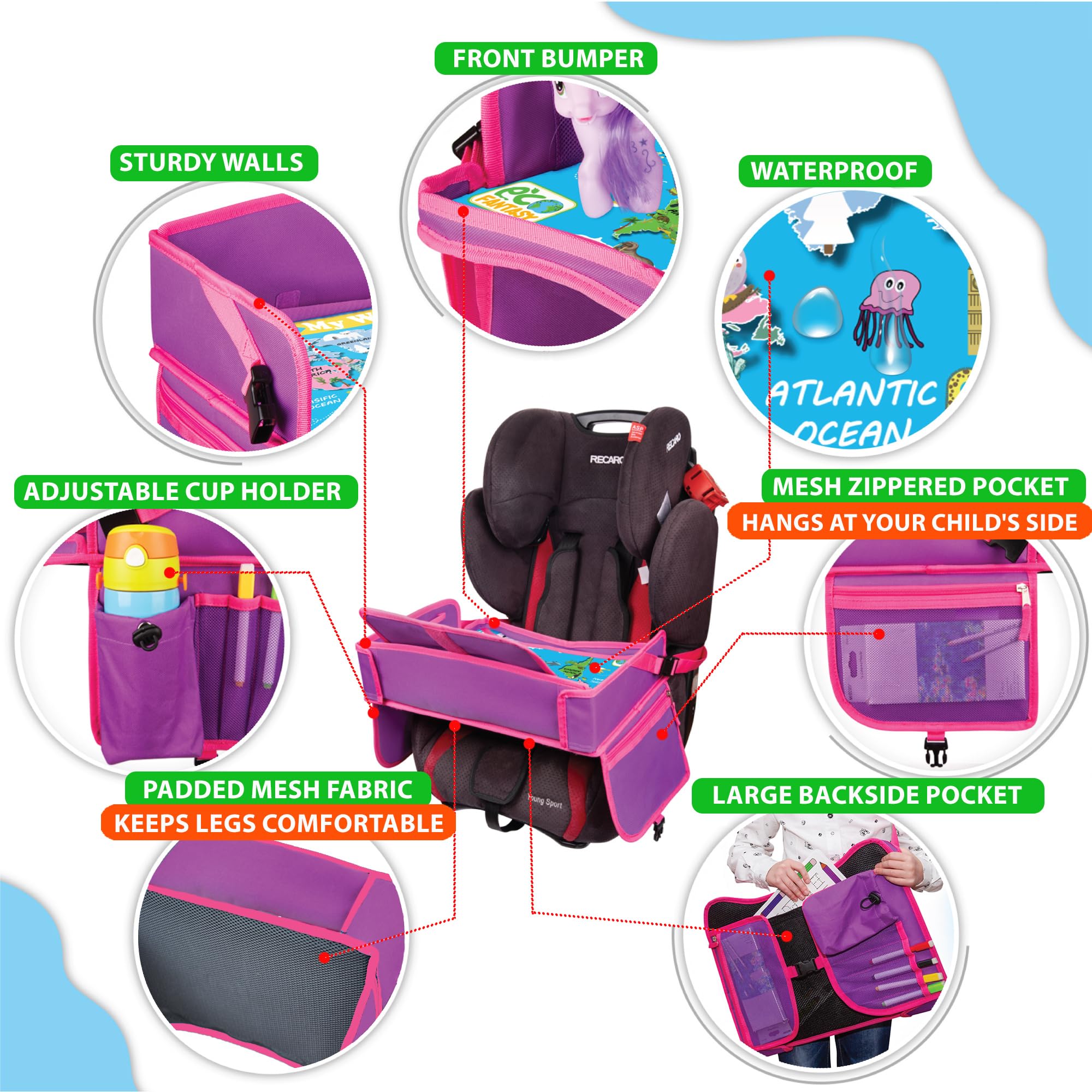 ECOFANTASY Bandeja de asiento de coche para niños y mesa de viaje con