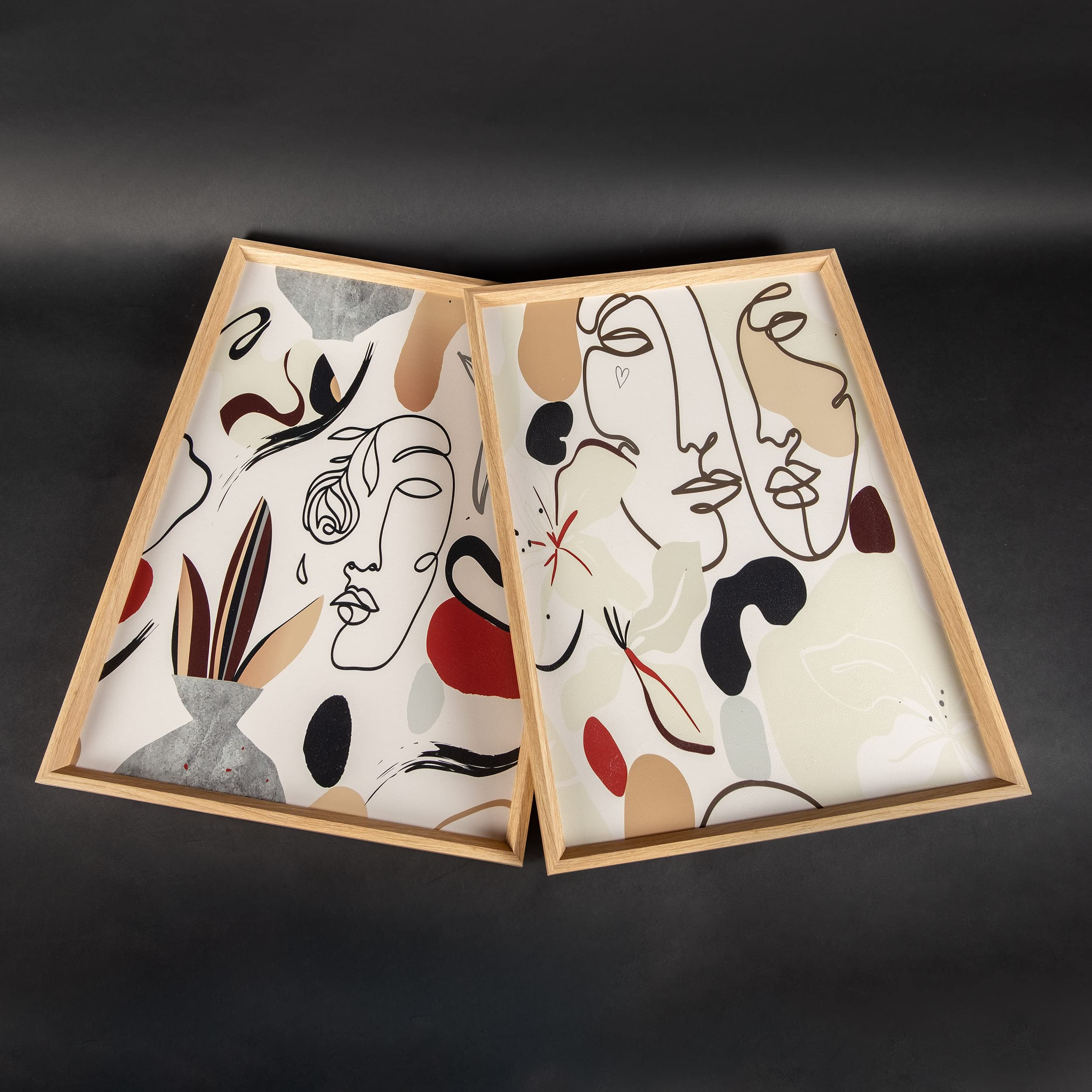 DekoArte - Tableau decoration murale salon PICASSO 50x70cm x2 cadre bois | Set 2 tableaux avec cadre couleur bois, impression visages traits Picasso en tons neutres, prêts à accrocher