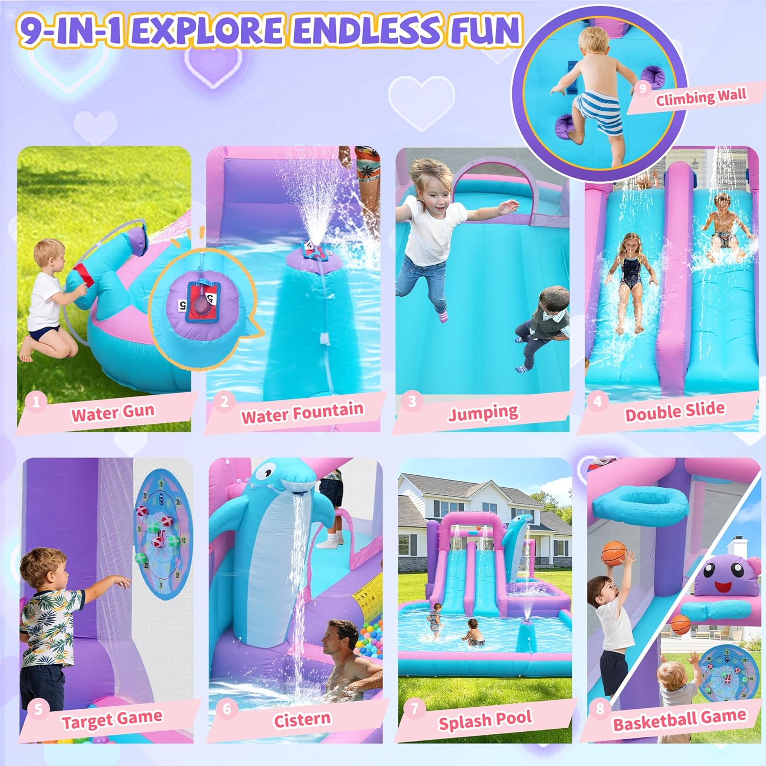 Inflatable Water Park Double Slide Bouncy House with Splash Pool, Water Gun, Basketball, Climbing Wall, Dual Pools for Outdoor Party, Ages 3-12