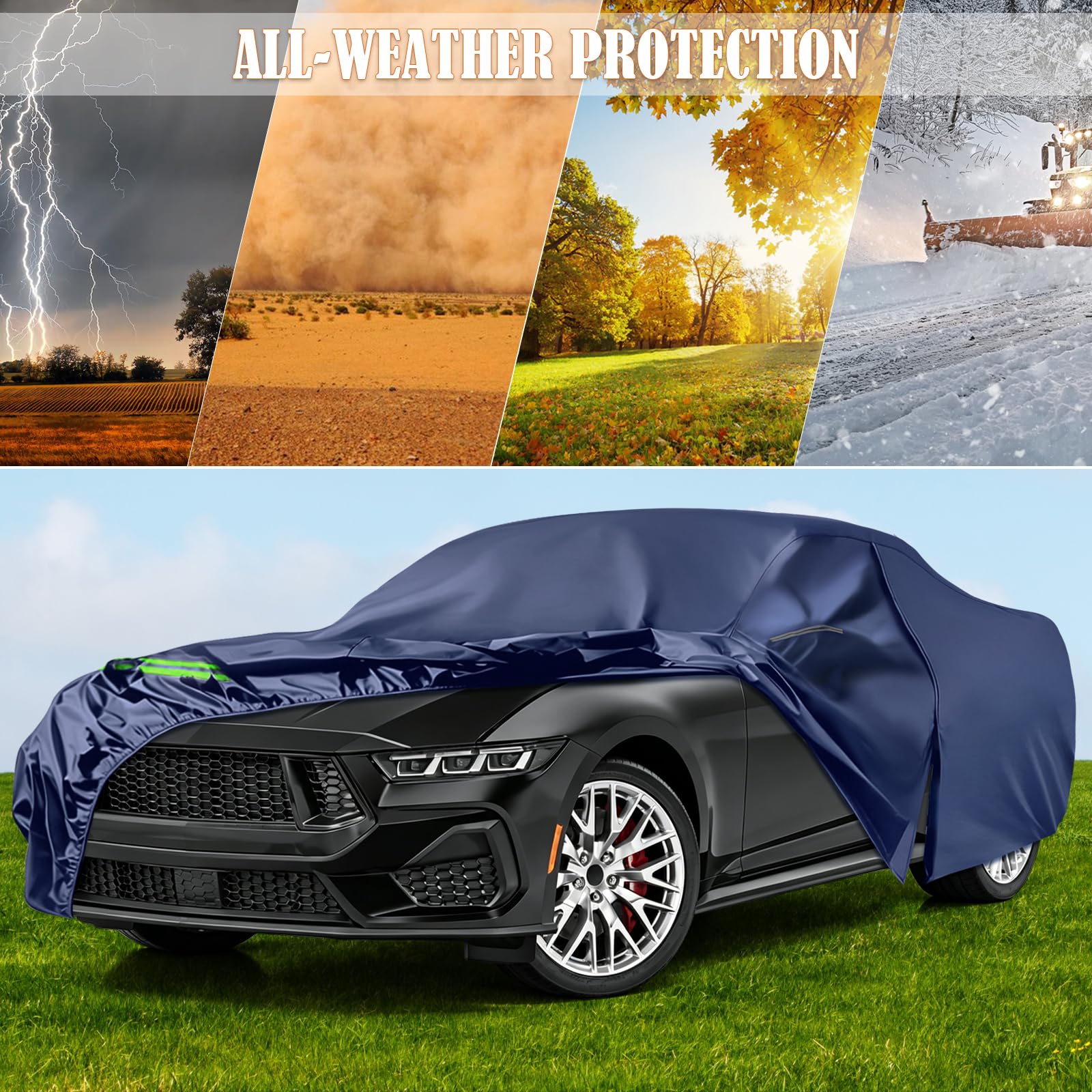 wasserdichte Autoabdeckung für Ford Mustang 2005-2026, Blau | Allwetter Vollgarage Autoplane Auto Abdeckplane Winter Sommer Garage Outdoor Abdeckung mit Winddichten Bändern