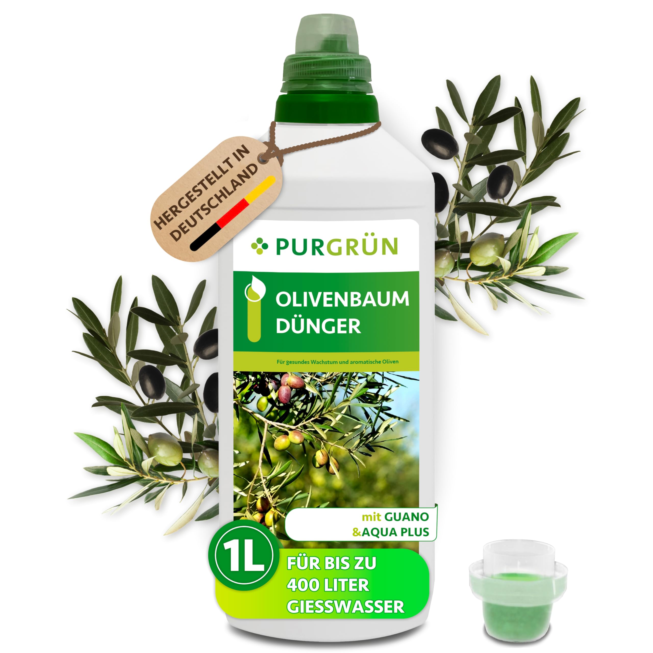 Purgrün® Olivenbaum-Dünger 1 Liter – Organisch-mineralische Rezeptur – Premium-Flüssigdünger mit Spurennährstoffen – NPK 8+8+6 – Für gesundes Wachstum & aromatische Oliven – Mit Guano & Aqua Plus