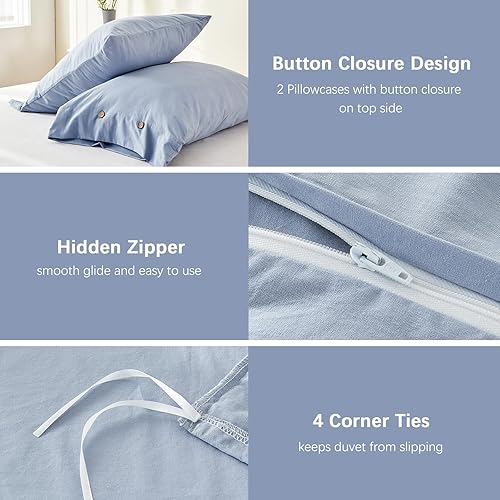 Miniatura 6 de MILDLY Funda de edredón tamaño King, 3 piezas de algodón lavado, color azul, con textura similar al lino, transpirable, juego de ropa de cama King