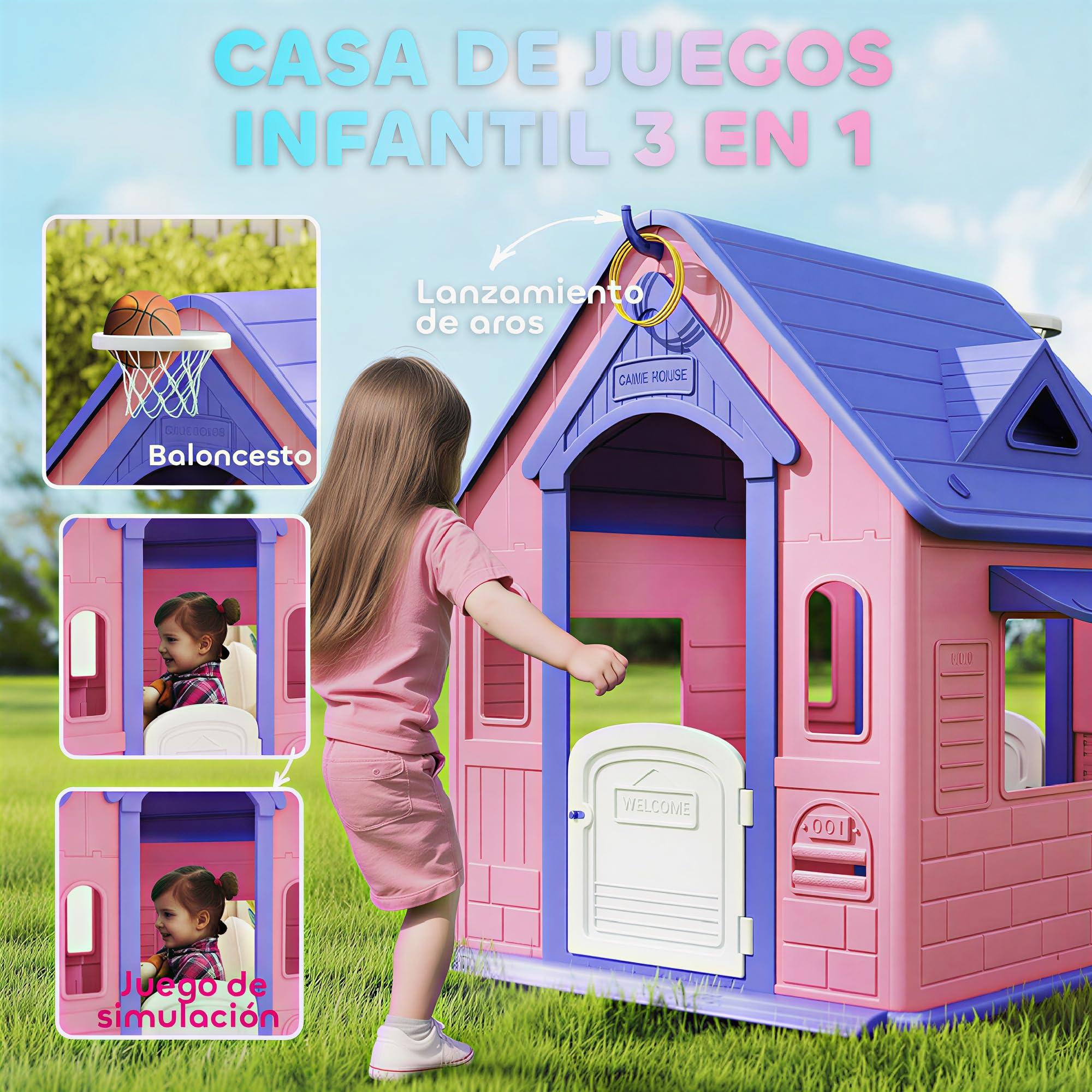 AIYAPLAY Casita Infantil Exterior e Interior 3 en 1 con Lanzamiento de Aros y Baloncesto Casita Infantil de Jardín Casa de Juegos para Niños 2-5 Años Rosa y Morado