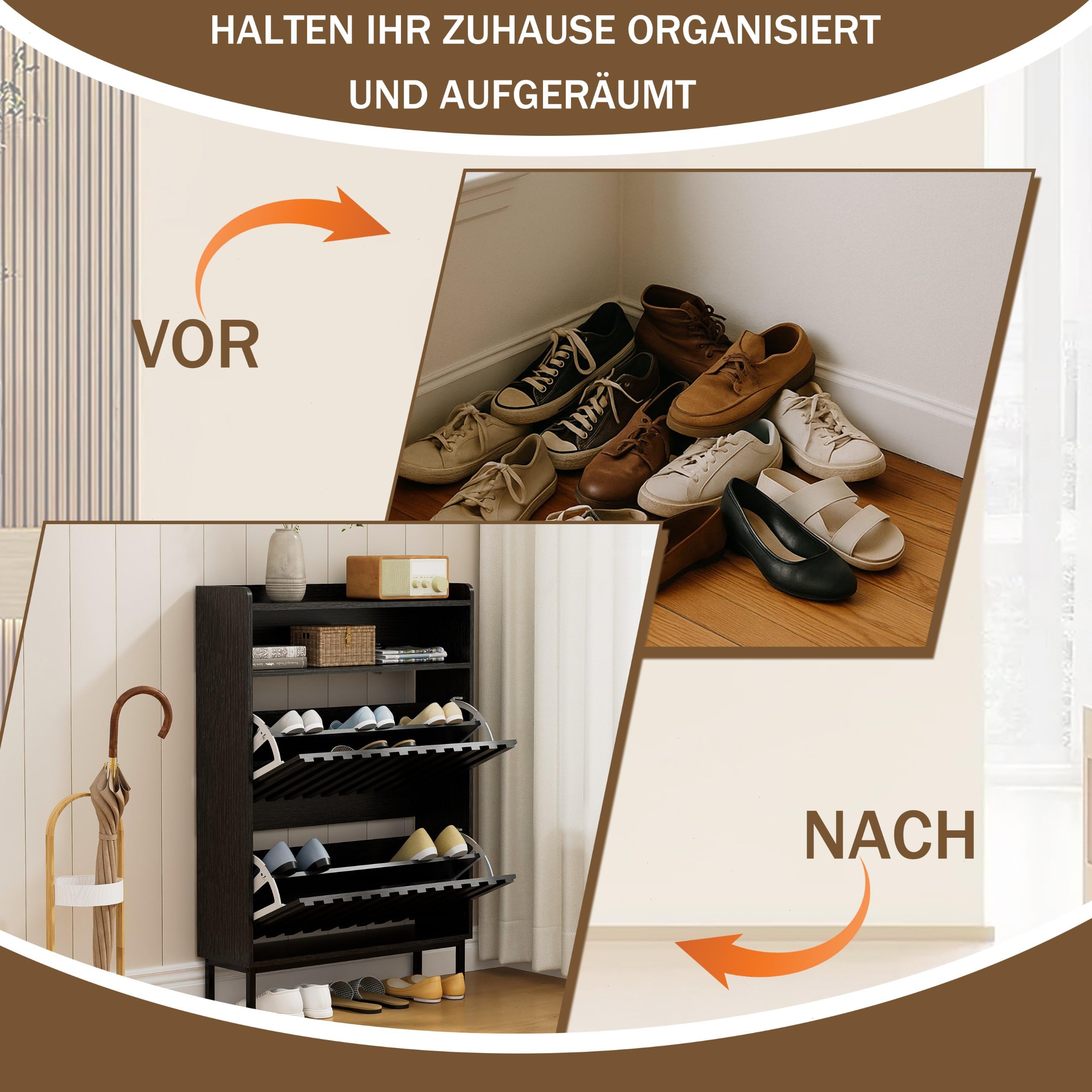 UEV Schuhschrank mit 2 Klappen Schmal, Schuhkipper für Flur Wohnzimmer, Schuhkommode mit Kippschutz, Schuhaufbewahrung, Verstellbare Trennwände für Verschiedene Schuhtypen Schwarz
