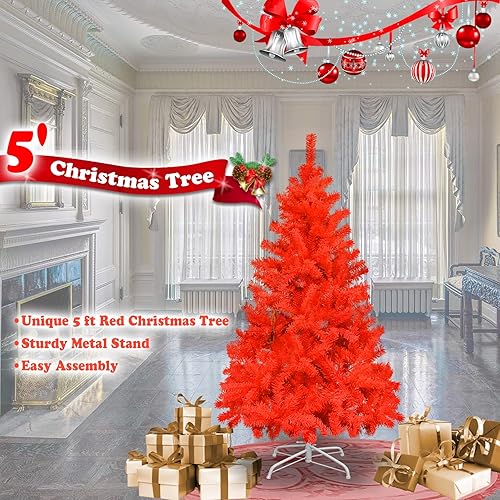 Miniatura 2 de Strong Camel Árbol de Navidad rojo naranja con bisagras de abeto de 5 pies con soporte de metal, fácil montaje para decoración de vacaciones en