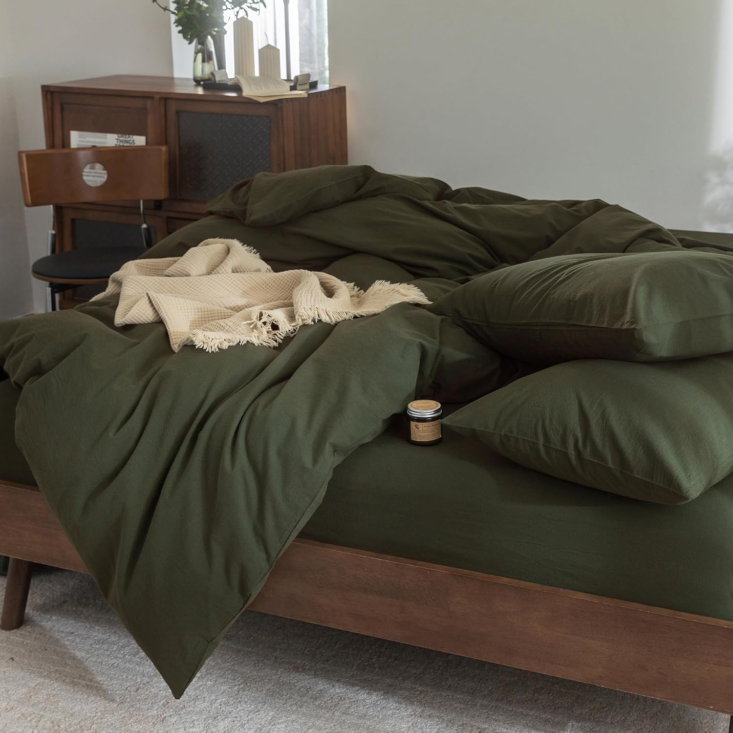 FOSSA Duvet Cover Set 100% Washed Cotton Linen Feel Super Soft Breathable Cozy 3 Pieces Bedding Sets Solid Olive Green Full/Double - Image 5