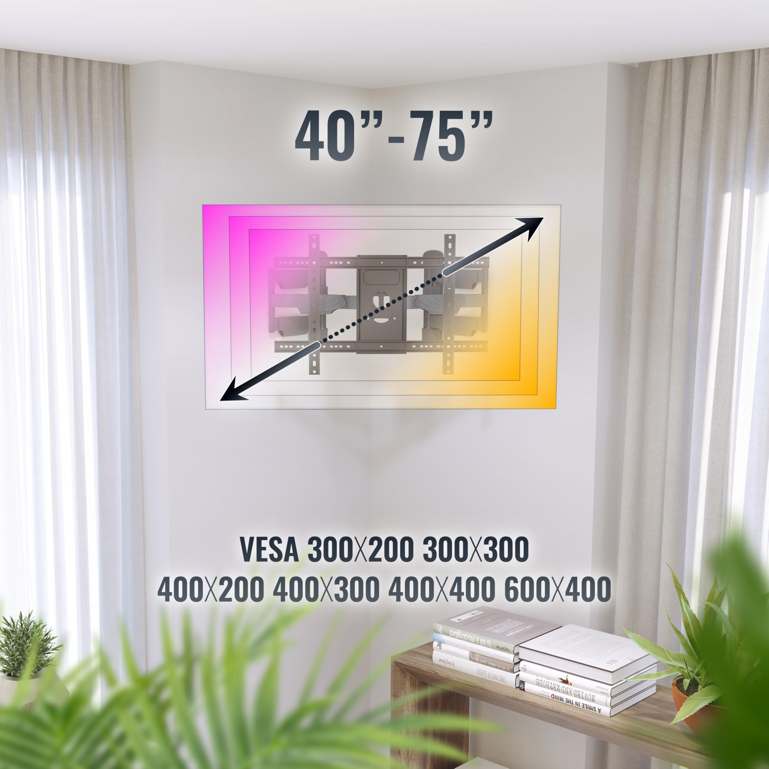 RICOO S5364 Support Mural TV 40 42 43 48 50 55 58 60 65 70 75 Pouces Orientable Inclinable Rotatif Universel Fixation Murale TV Écran incurvé VESA 200x200 à VESA 600x400