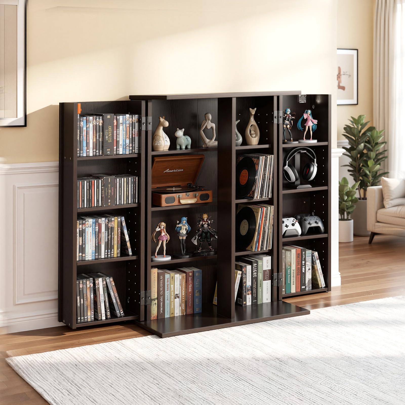 VEVOR Estantería de Pared, 610 x 368 x 846 mm, Armario de Almacenamiento de 16 Compartimentos, Estantes Ajustables, Dispositivos Antivuelco, para CDs DVDs Libros, Mueble para Salón Oficina, Marrón