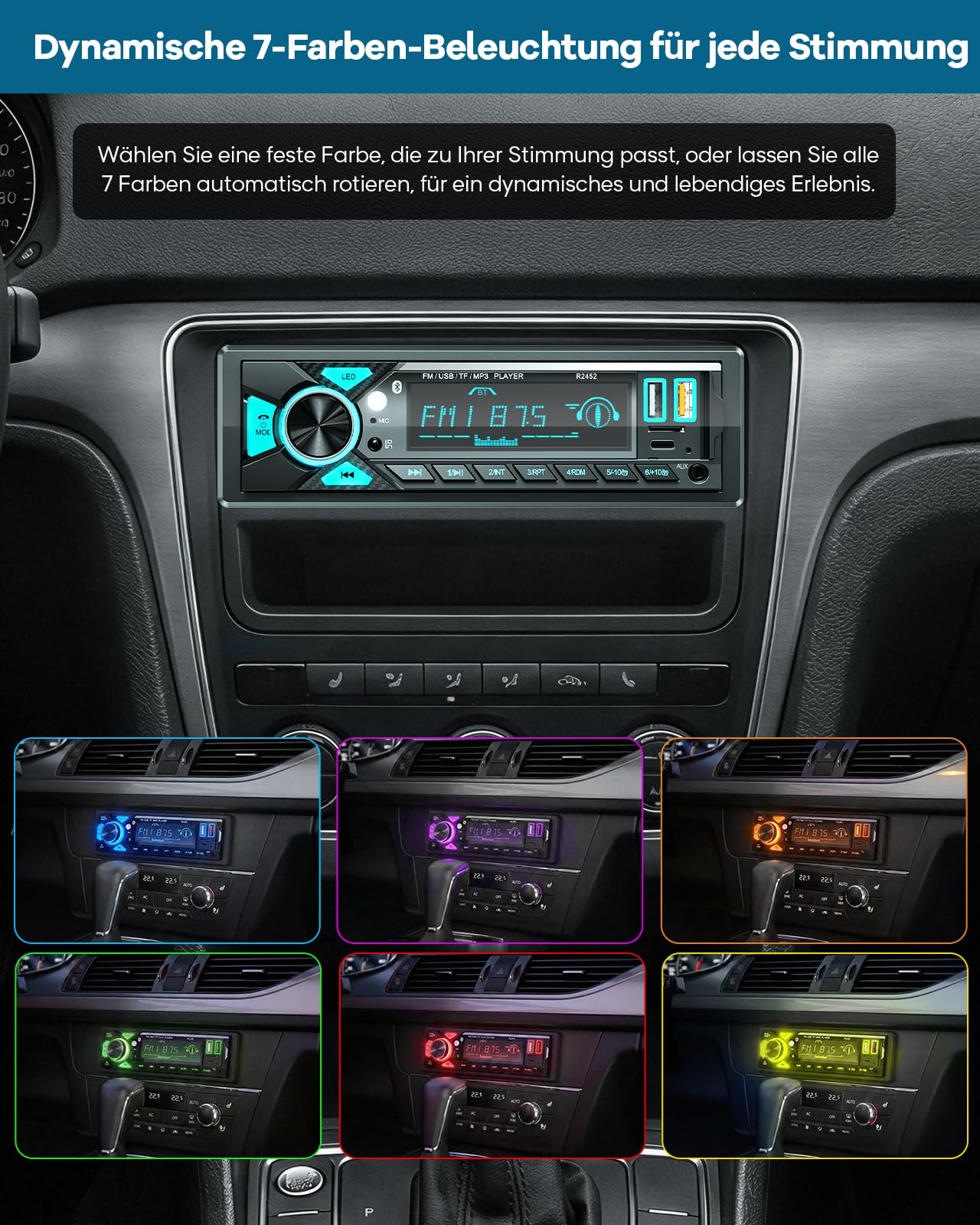 CENXINY Autoradio 1 DIN Bluetooth mit Type-C Ladeanschluss AM/FM Radio 2USB AUX SD TF Android iOS