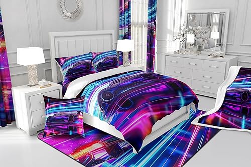 Miniatura 6 de Manfei Sábana bajera ajustable de coche de carreras, tamaño Queen, funda de cama negra para coche deportivo con 2 fundas de almohada, juego de ropa