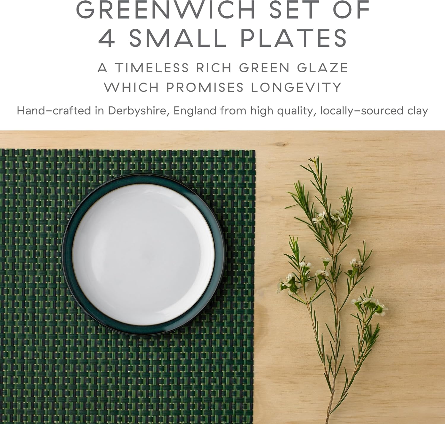 Denby - Greenwich Small Plates Set of 4 - Green, White Dishwasher, Oven, Microwave Safe Crockery 17.5cm - Ceramic Stoneware Tableware Side Plates - Chip & Crack Resistant