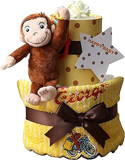 おさるのジョージ おむつケーキ 出産祝い 男の子 女の子 名入れ刺繍 2段 オムツケーキ ギフトセット Curious George ダイパーケーキ パンパーステープタイプＭサイズ