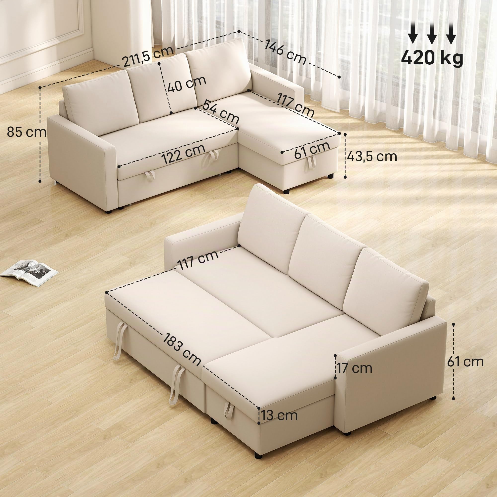 HOMCOM Divano ad angolo Convertibile divano letto 3 posti modulabile con chaise longue reversibile, contenitore integrato e 3 cuscini per lo schienale, tessuto effetto lino, color crema