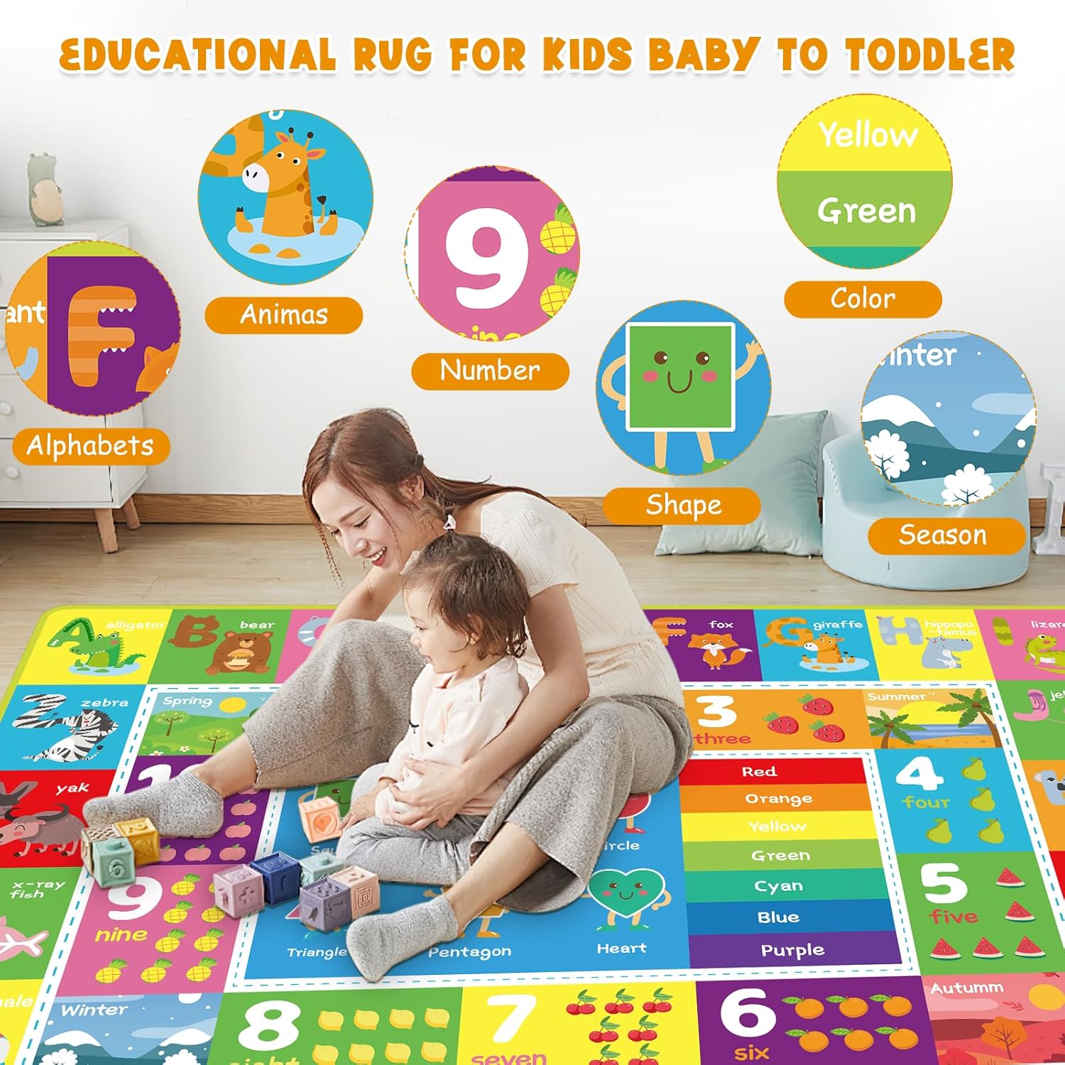 ABC Kids Rug, Cute Educational Kids Rug for Playroom, Non Slip Classroom Carpet for Learning ABC Animal, Number, Month, Shape and Color, Playmat for Nursery Baby (Blue, 5 x 6.6 feet)