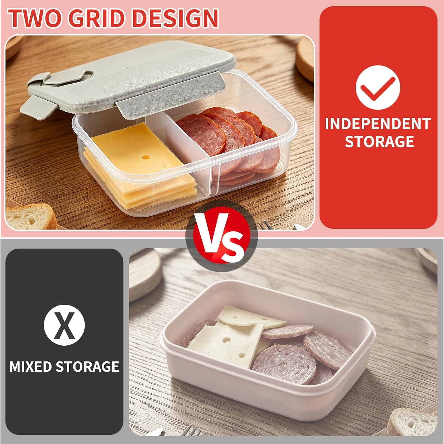 Meat and Cheese Container for Fridge, Deli Meat Container for Fridge Organizers and Storage, Categorized Storage for Neater Organization, Double Compartment Snack Container with Lid, Keep Food Fresh