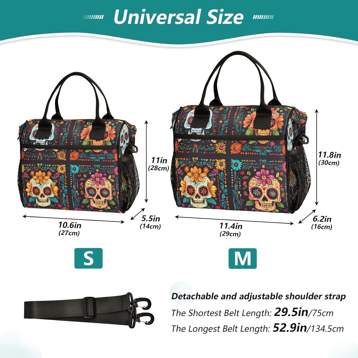 Skull Day Of The Dead Square Lunch Bag for Women, Insulated Lunch Box for Students, Women's Lunch Tote Bag with Side Pockets & Removable Shoulder Strap Large Cooler Purse for Picnic Work Beach - Image 3
